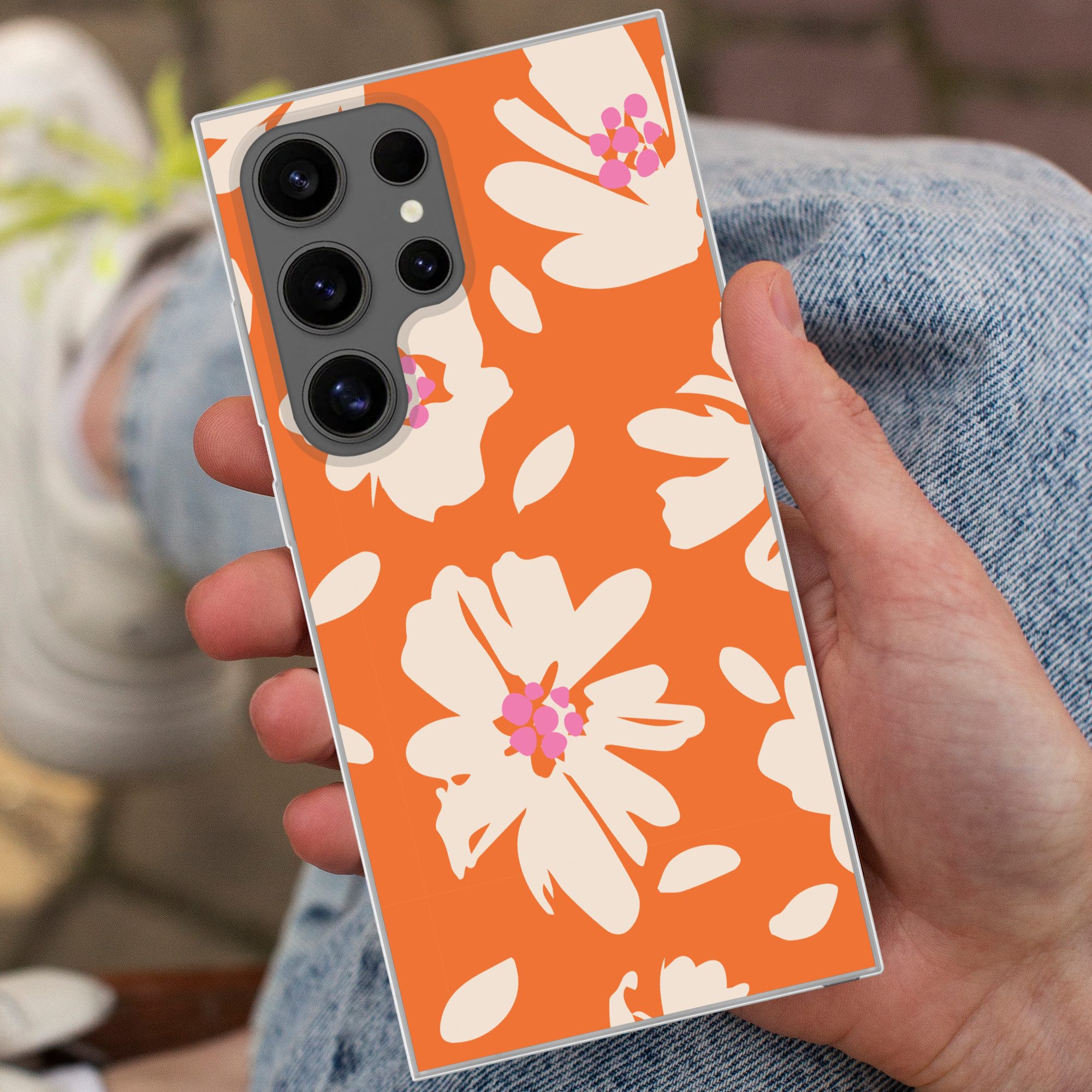 MuchoWow Handyhülle für Samsung Galaxy S24 Ultra Blumen - Orange - Beige - Rosa - Abstrakt, Phone Case, Silikon, Schutzhülle Dünn