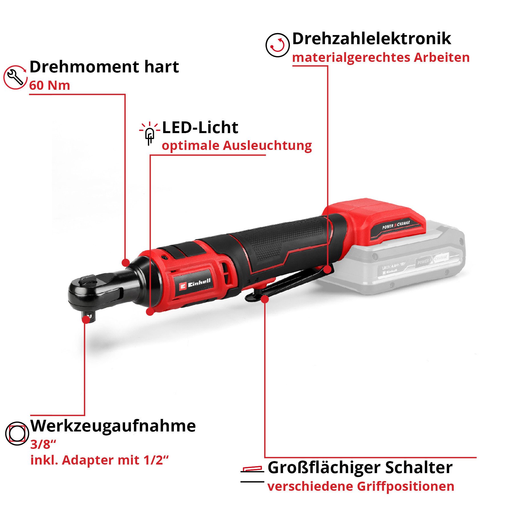 Einhell Akku-Ratschenschrauber TE-RW 18/60 Li-Solo, 260 U/min, 60 Nm, ohne Akku und Ladegerät