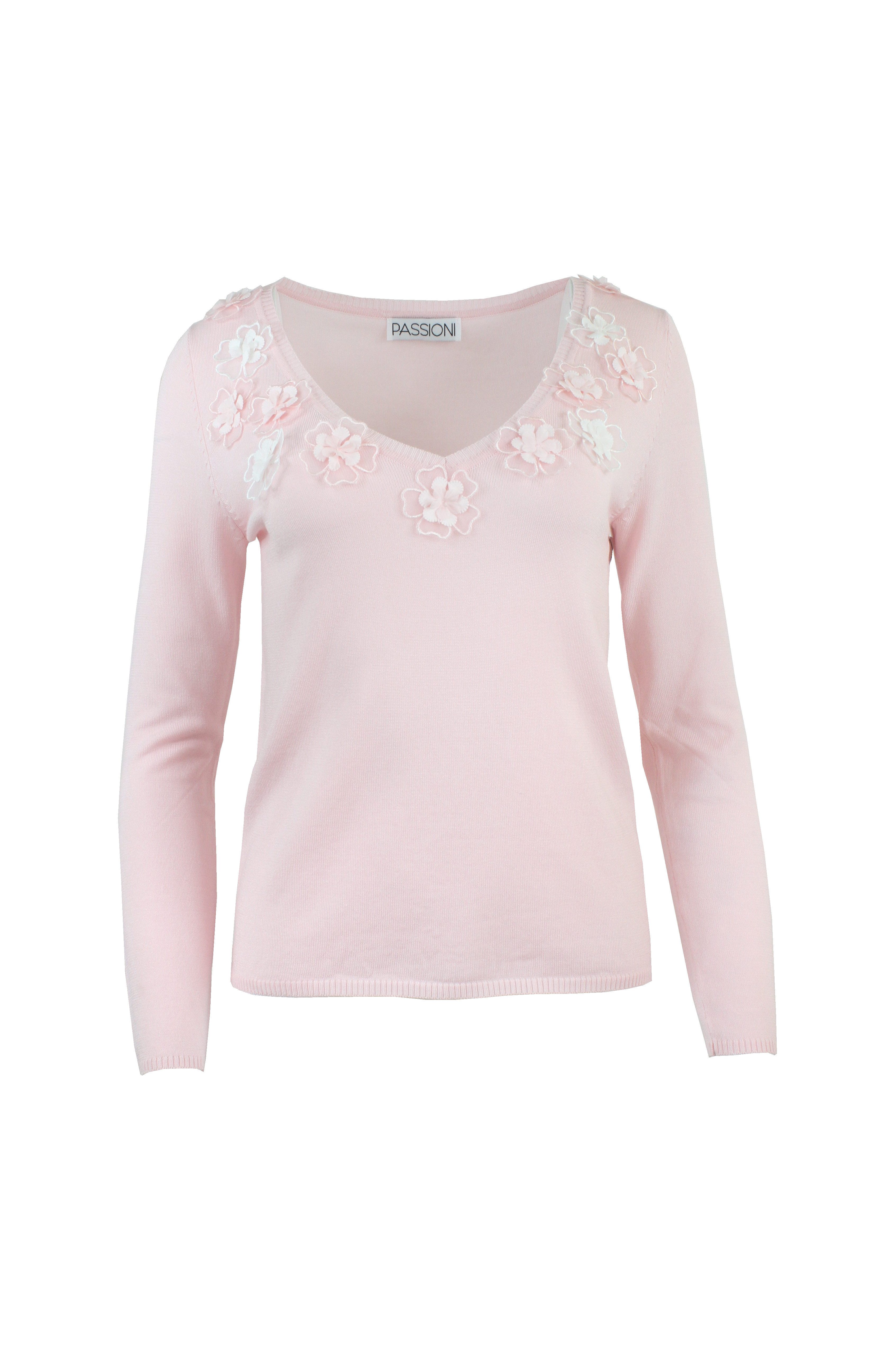 Strickpullover Pinkfarbener Pullover mit langen Ärmeln und floralen Applikationen