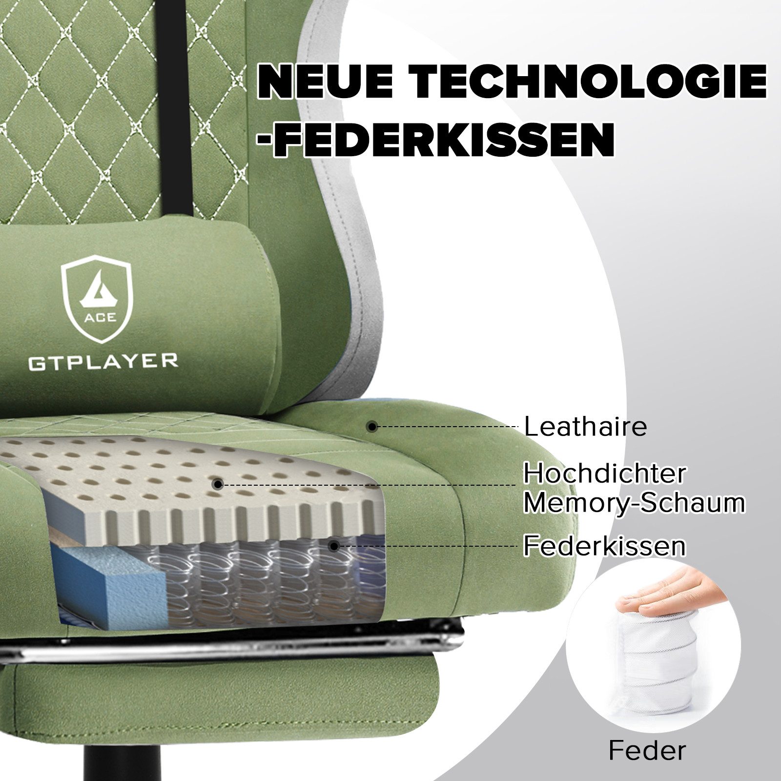 GTPLAYER Gaming-Stuhl Ergonomischer Gaming Sessel Schreibtischstuhl aus Stoff/Kunstleder (Pacekung), Federsitzkissen mit Fußstütze – Bild 2 von 5