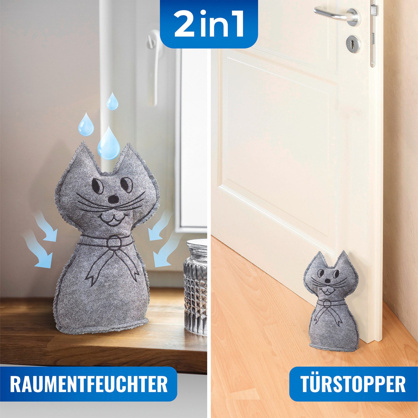 WENKO Luftentfeuchter Katze, 2er Set, geräuschlos, ohne Strom, auch als Türstopper verwendbar