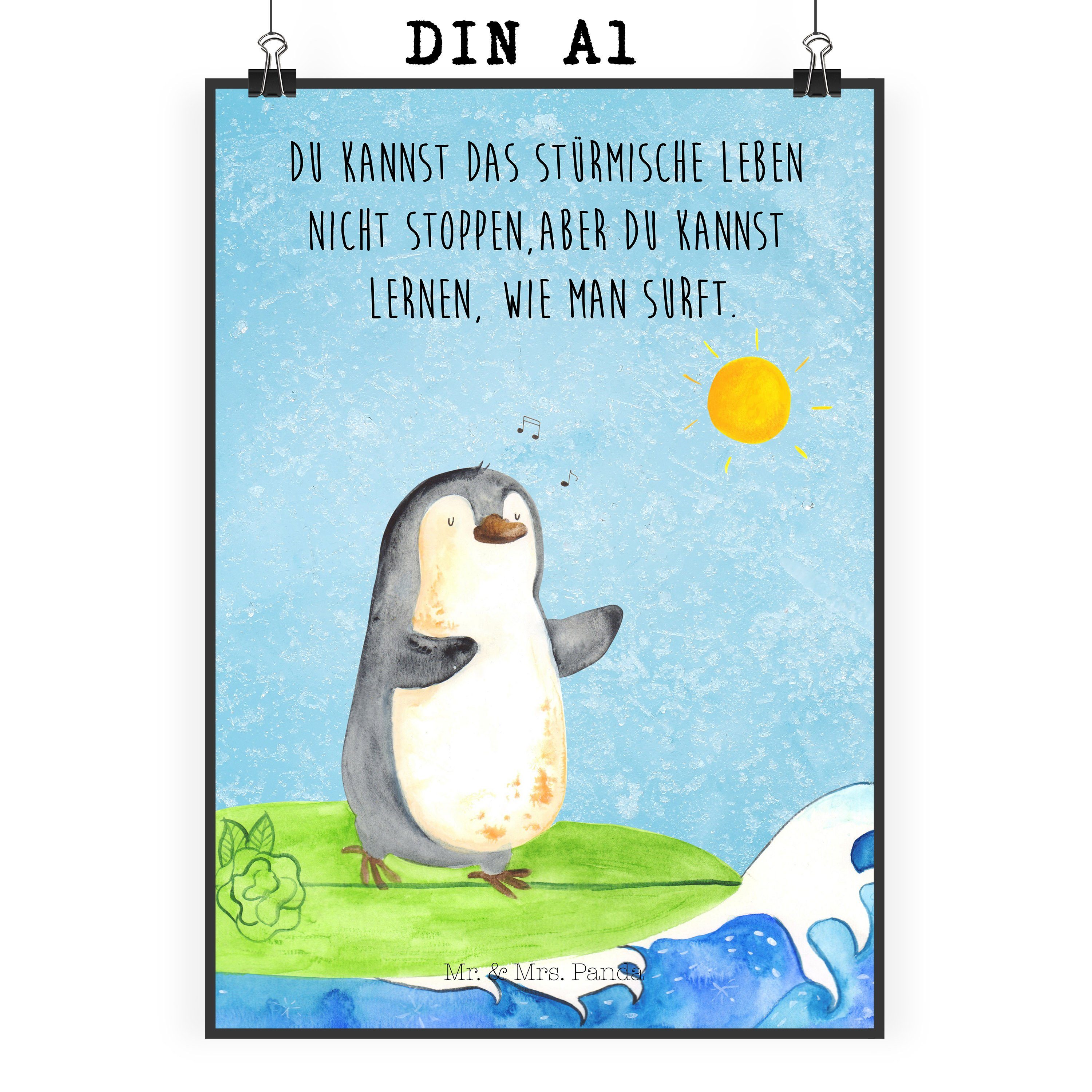 Mr. & Mrs. Panda Poster DIN A1 Pinguin Surfer - Eisblau - Geschenk, Mr. & Mrs. Panda Poster, Pinguin Surfer (1 St), Lebendige Farben