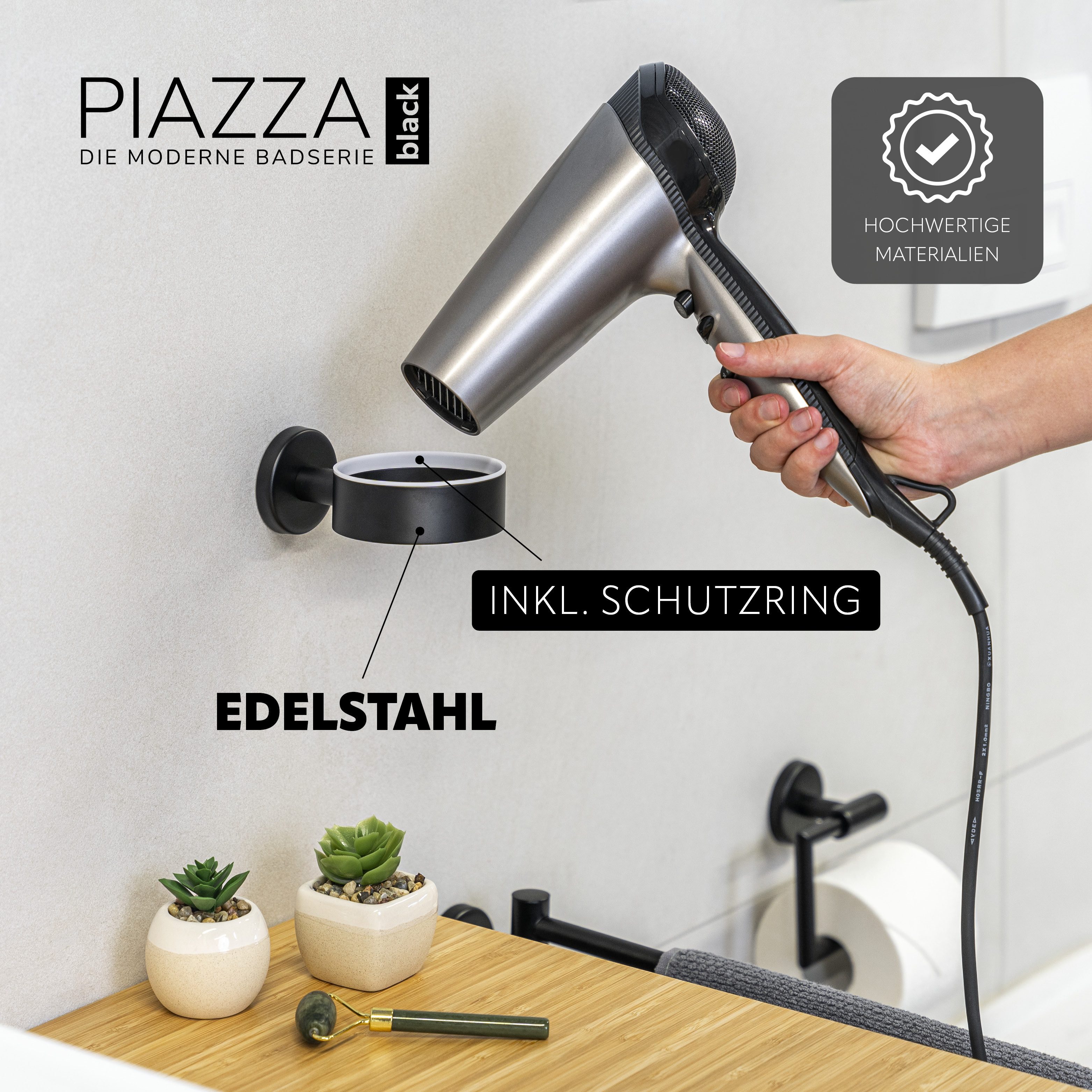 bremermann Haartrocknerhalter Bad-Serie PIAZZA BLACK - inkl. Klebeset, matt schwarz – Bild 3 von 5