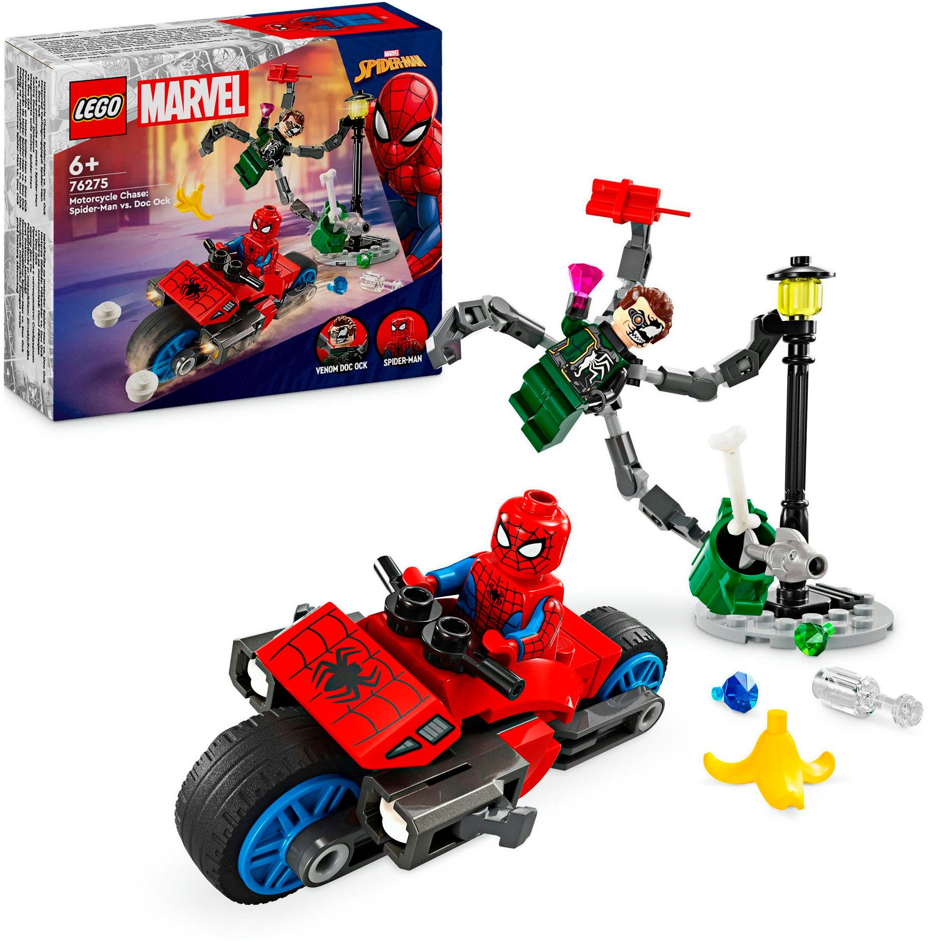 LEGO® Konstruktionsspielsteine Motorrad-Verfolgungsjagd: Spider-Man vs. Doc Ock (76275), (77 St), LEGO Super Heroes; Made in Europe