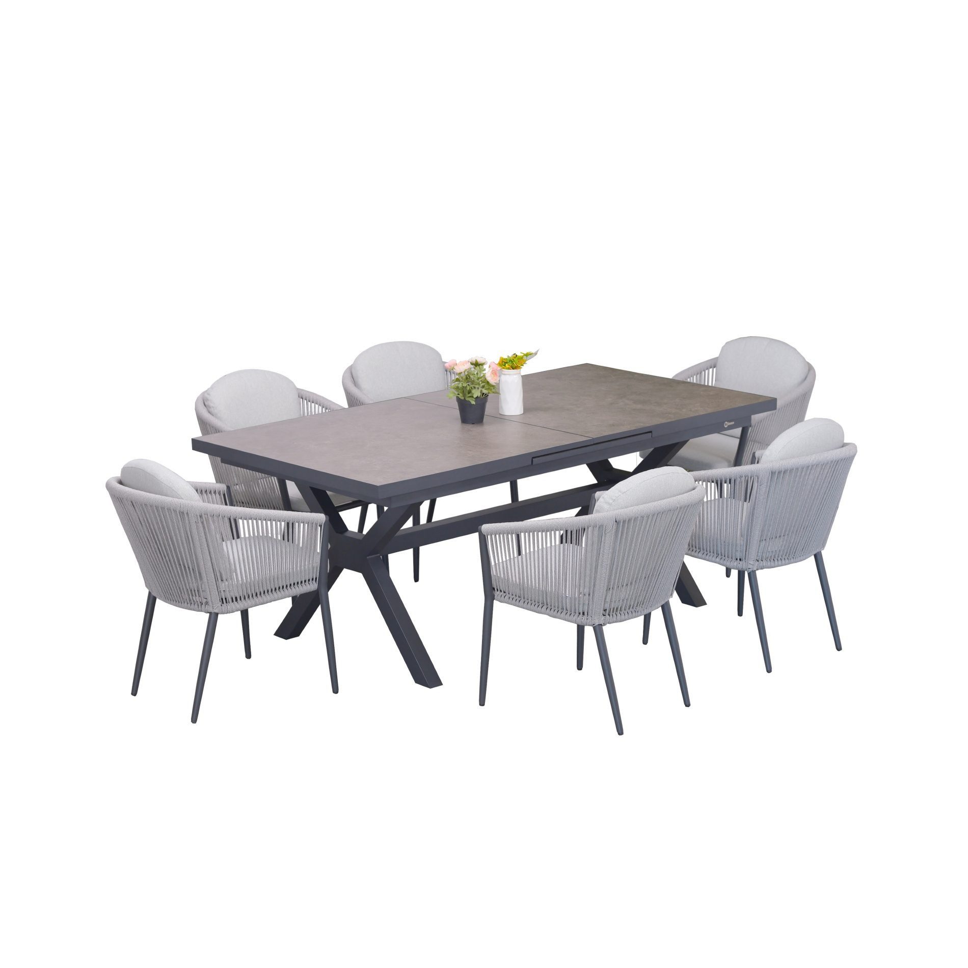 Liadomo Garten-Essgruppe Latina/Benevento, Gartentisch mit Stapelstühlen, Gartenmöbel-Set, (Outdoor-Set, 7-tlg., 1 Tisch 200/260x100 cm, 6 Stühle), Tisch mit Synchronauszug, Tischplatte Sinterstein, Stühle Rope