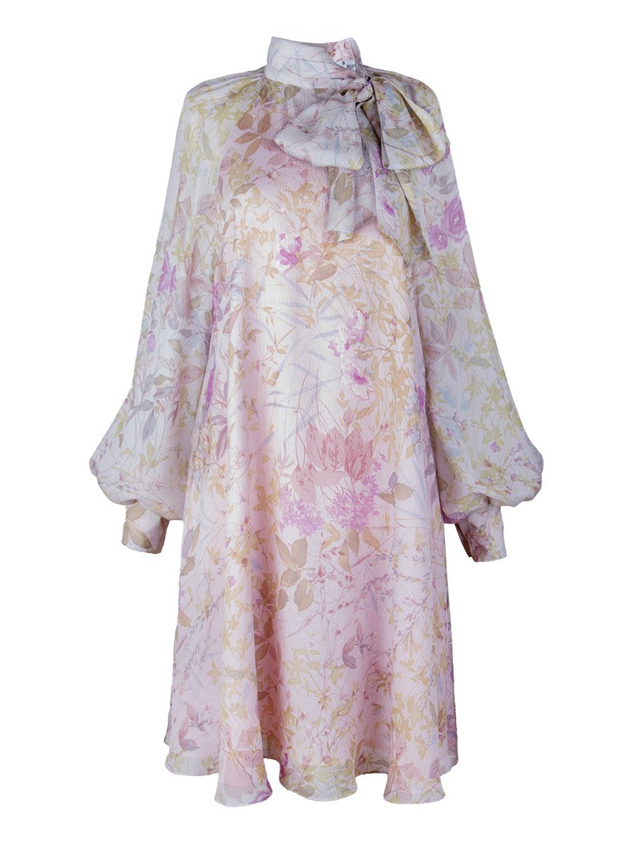 Cocktailkleid Floral Print Seidenkleid Kleid aus Seide mit Schleifenkragen