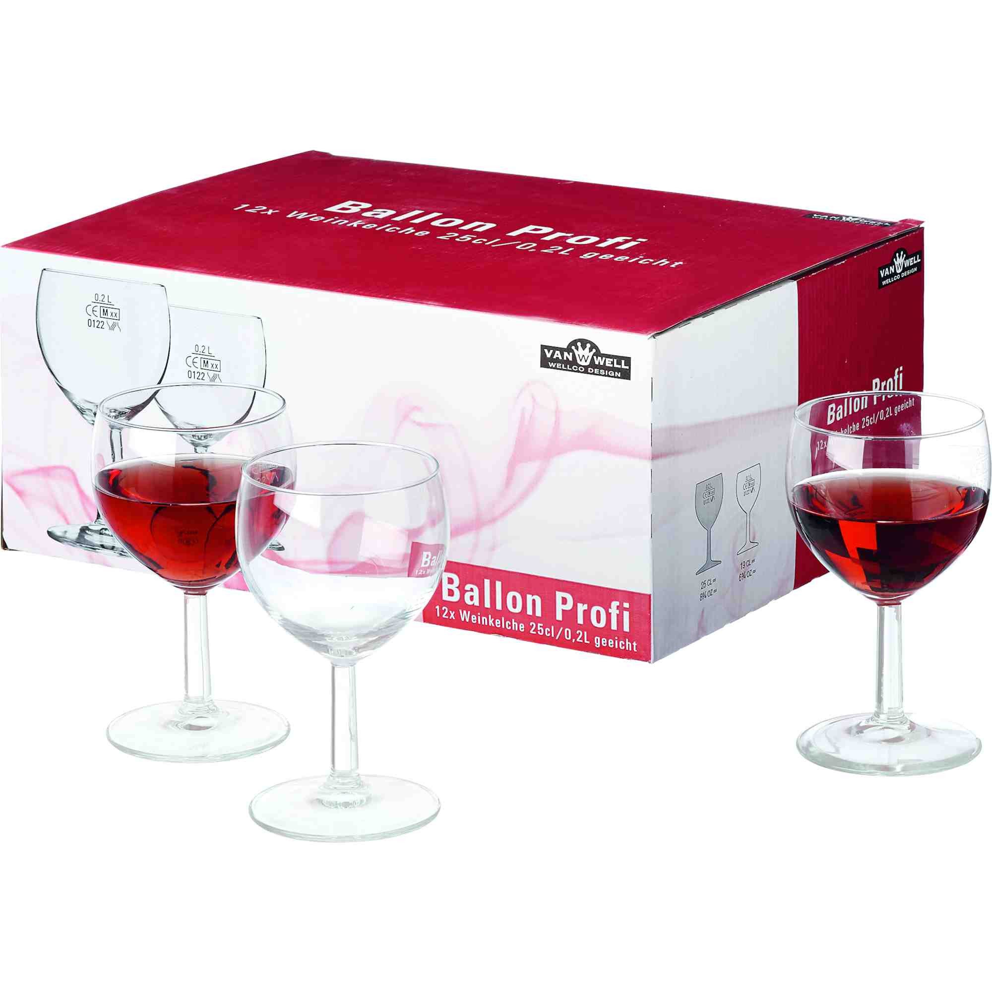 Weißweinglas Weinglas Ballon 25cl – 12er Set mit 0.2 Liter Füllstrich