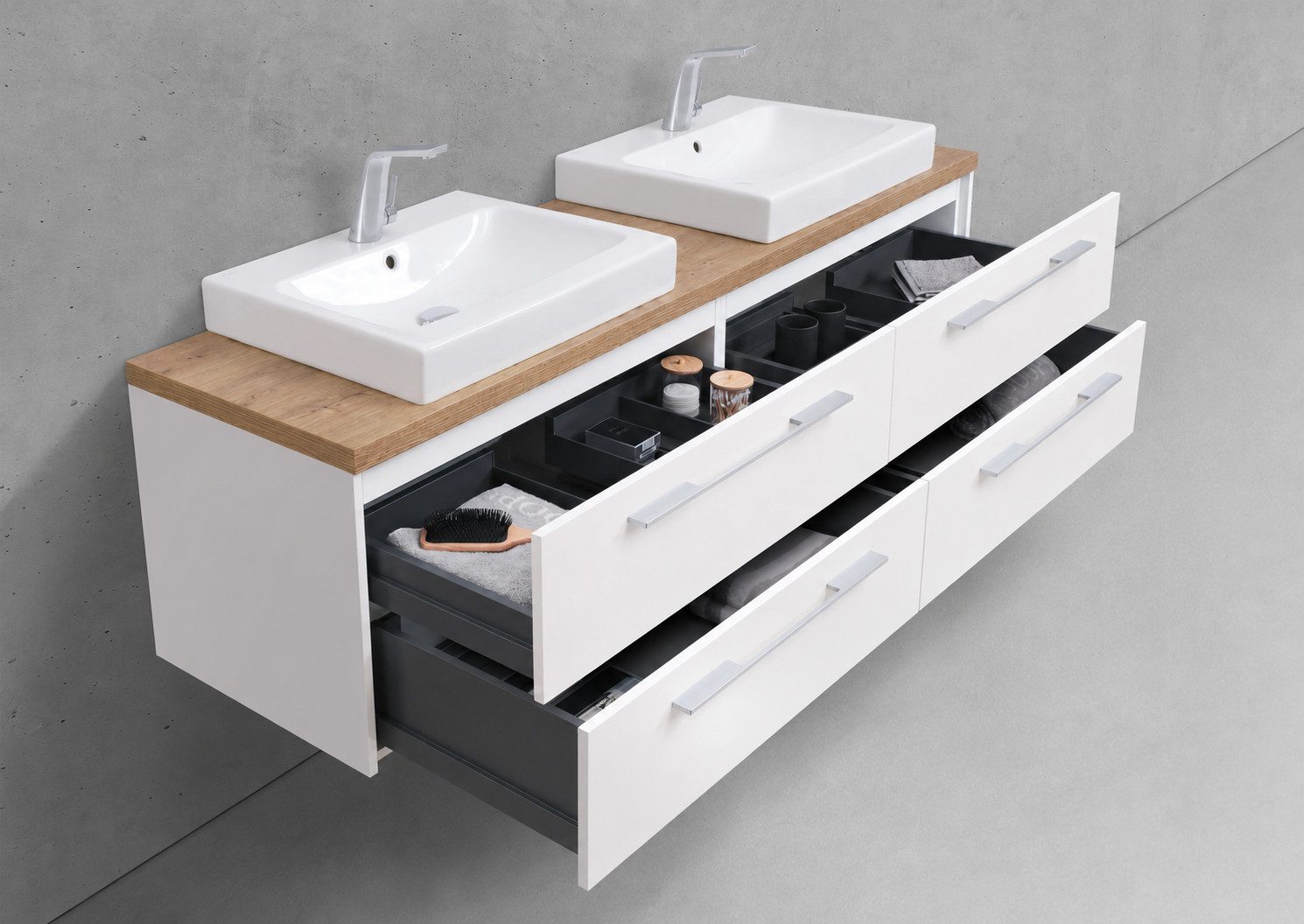 Intarbad Doppelwaschtisch Waschtisch Set Luxor 2x Waschbecken Geberit Icon & Unterschrank (180 cm Breite, Höhe 60,8 cm 4x Vollauszug/Selbsteinzug, Wandhängend, Soft-Close, Holz-/Lackdekore, Doppelwandige Metallauszüge), Vormontierte Lieferung, 160 kg Traglast, Made in Germany