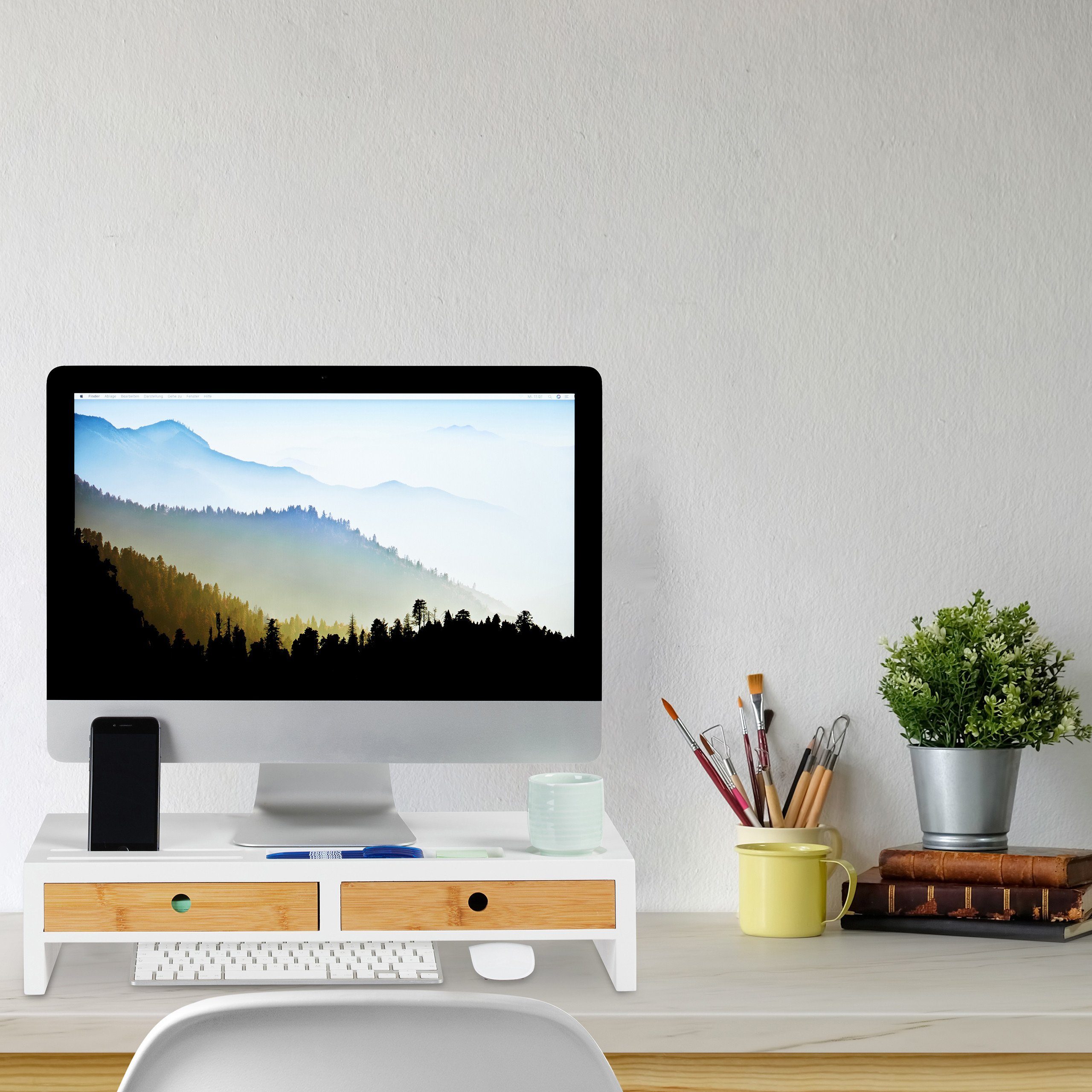 relaxdays Monitor-Halterung Monitorständer Weiß mit Schubladen