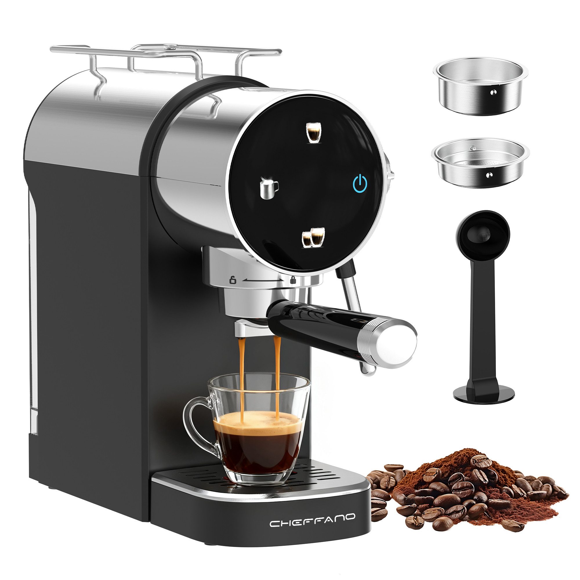 CHEFFANO Espressomaschine 20Bar mit Milchaufschäumer, Touchpanel & Wassertank, 5.5cm, Extraktion