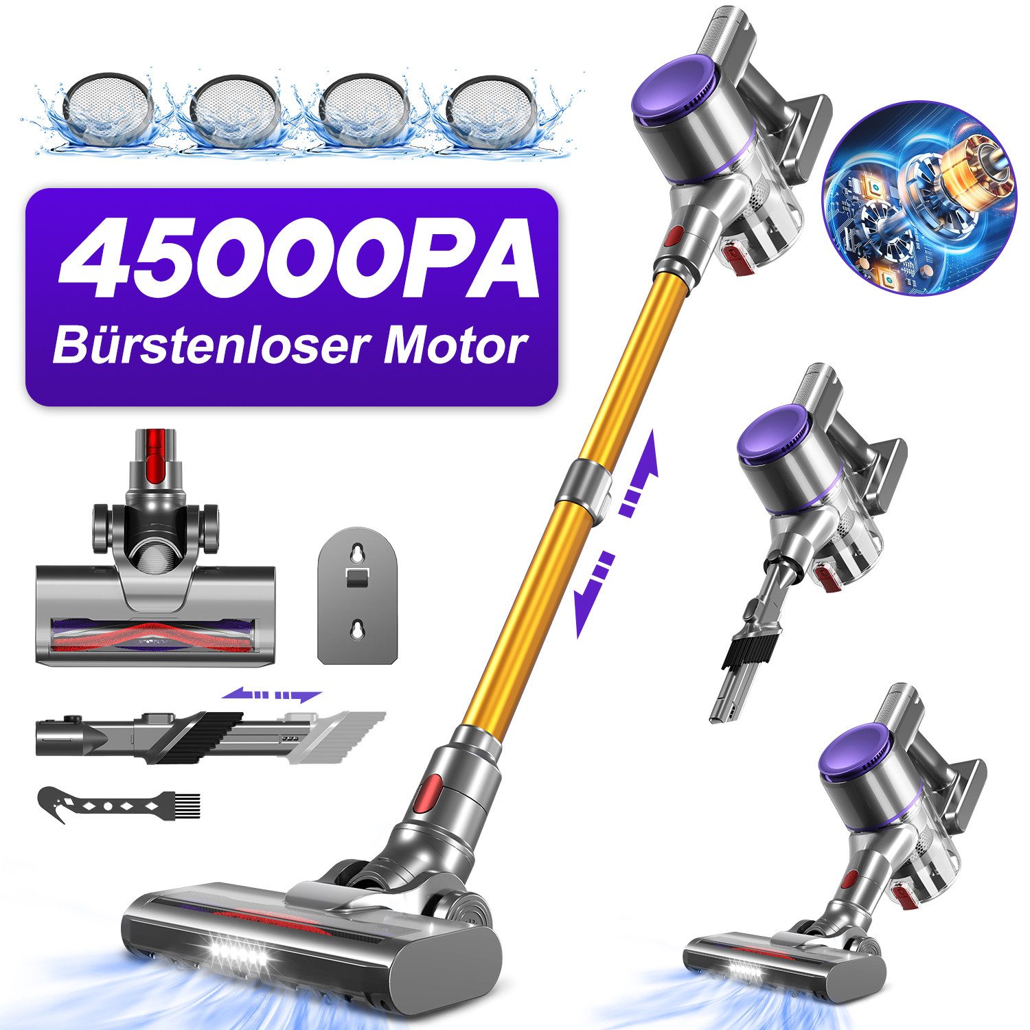 Adormii Akku-Hand-und Stielstaubsauger Akku Staubsauger Kabellos 45000Pa/50Min/1.6L HEPA*4, 450 W, beutellos, HEPA×4,Vacuum Cleaner,Staubsauger für Tierhaare,Teppich und Hartboden