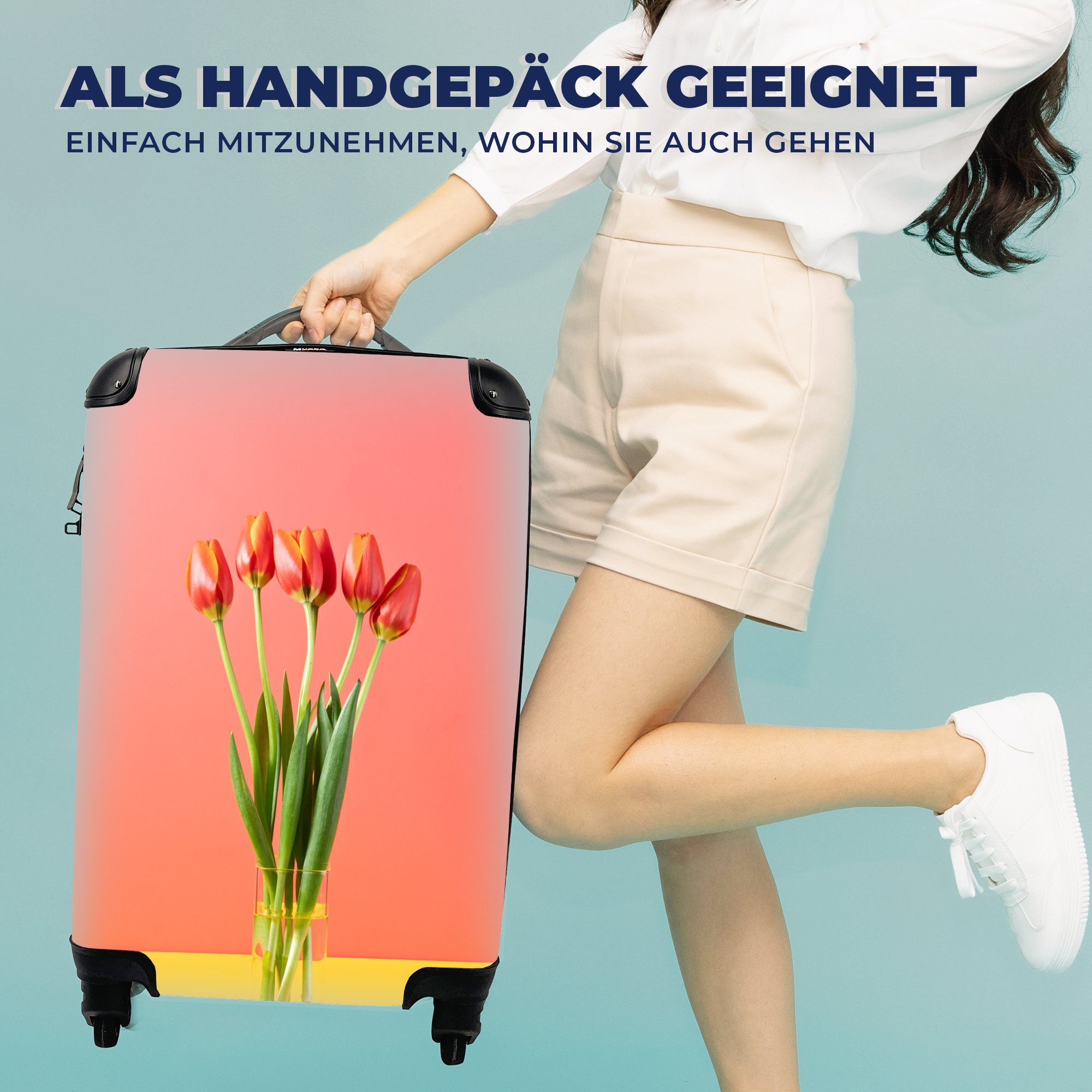 Ferien, Rot, Rollen, Tulpenvase 4 Trolley, - MuchoWow Reisekoffer mit Handgepäck Reisetasche für Handgepäckkoffer rollen,