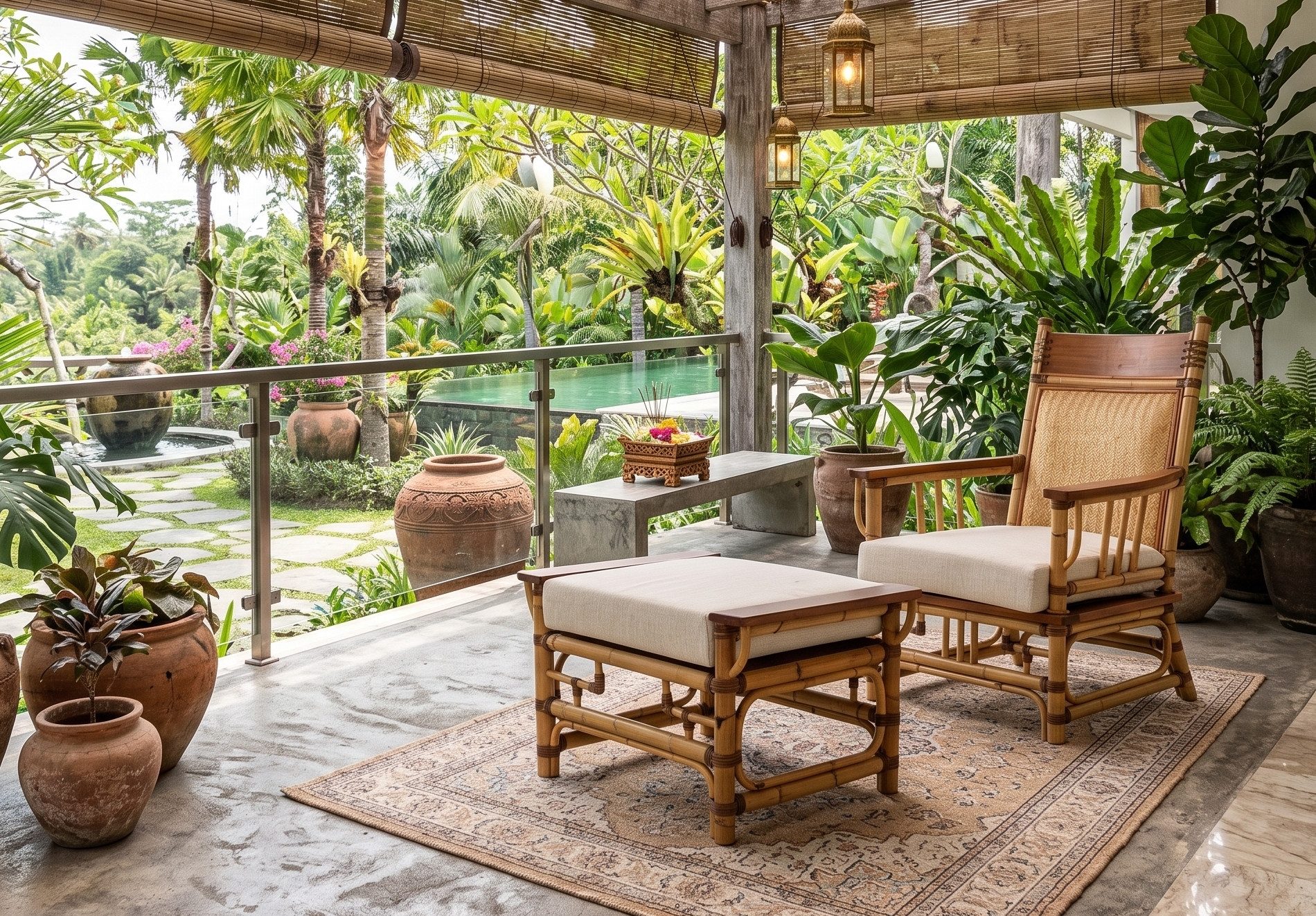 Krines Home Relaxsessel Rattan Relaxsessel Singapur mit Fußhocker Lesesessel Lounge Set (2-St., 1x Sessel, 1x Hocker), Bali-Stil, aus Rattan Naturmaterial