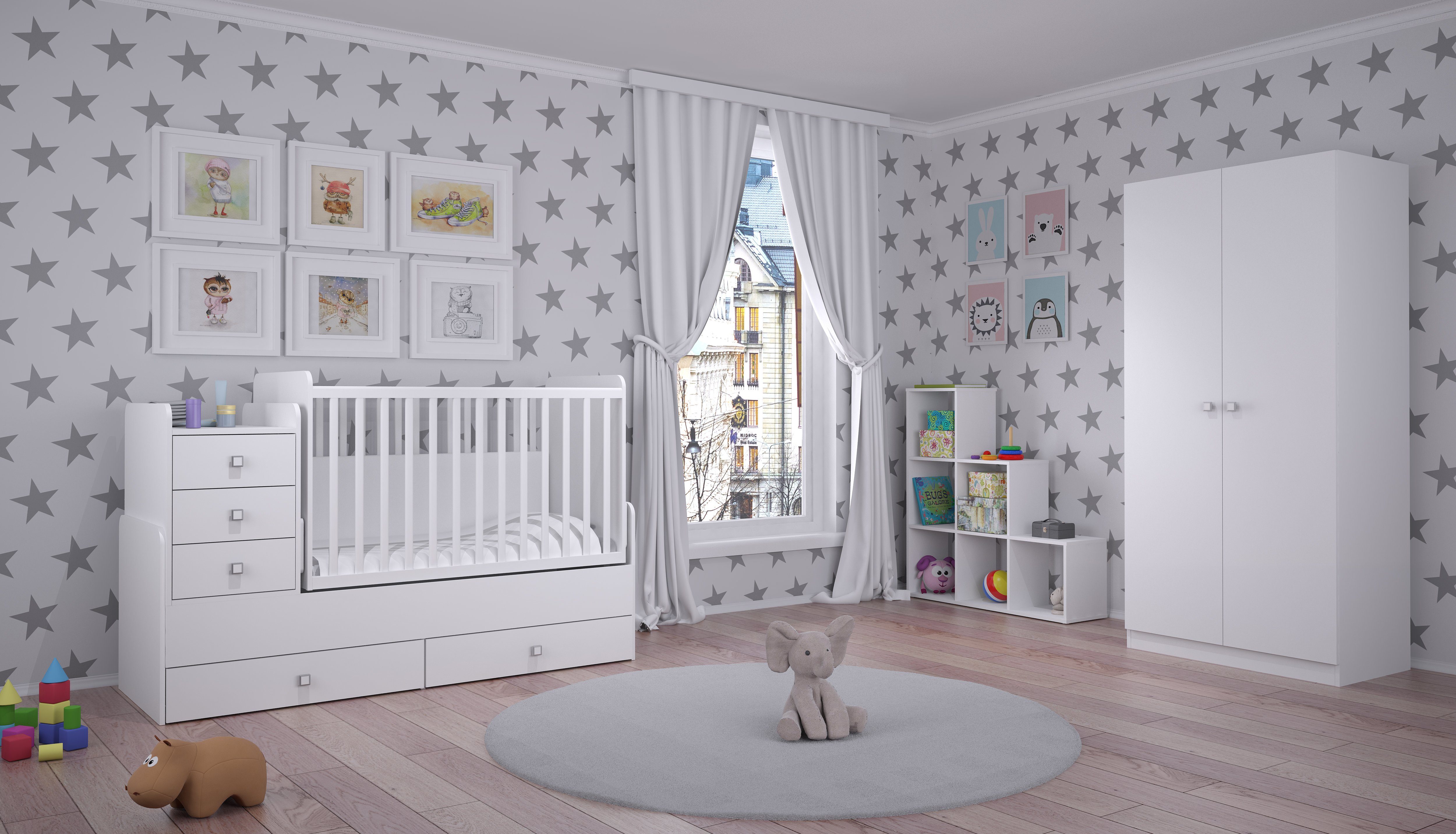 Polini kids Babymöbel-Set Mitwachsendes Kinderzimmer mit Bett Wickelkommode  Schrank Raumteiler, Wippfunktion