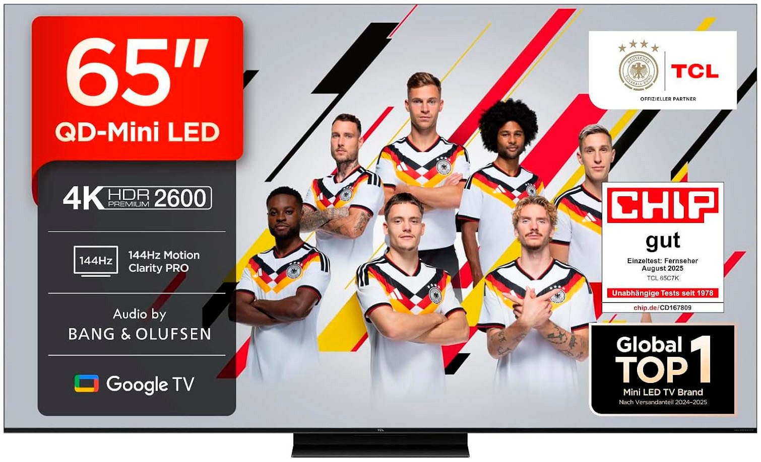 TCL C7K 65 Zoll 4K QD-Mini-LED Fernseher (65C7K, 165 cm, 4K, HDR10, Dolby Vision IQ, Dolby Atmos, DTS:X, HDMI 2.1, AMD FreeSync Premium Pro, AirPlay 2, 144Hz & 288Hz, Bang & Olufsen Audio, Google TV, 2025)