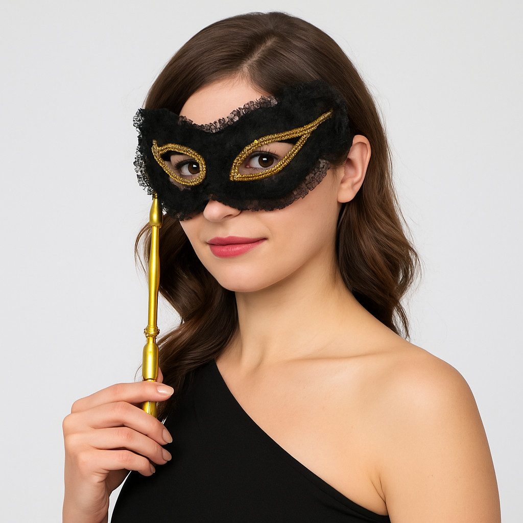 Widmann S.r.l. Verkleidungsmaske Domino Maske schwarz-gold mit Stab Kostümaccessoire, Elegant, geheimnisvoll, glamourös