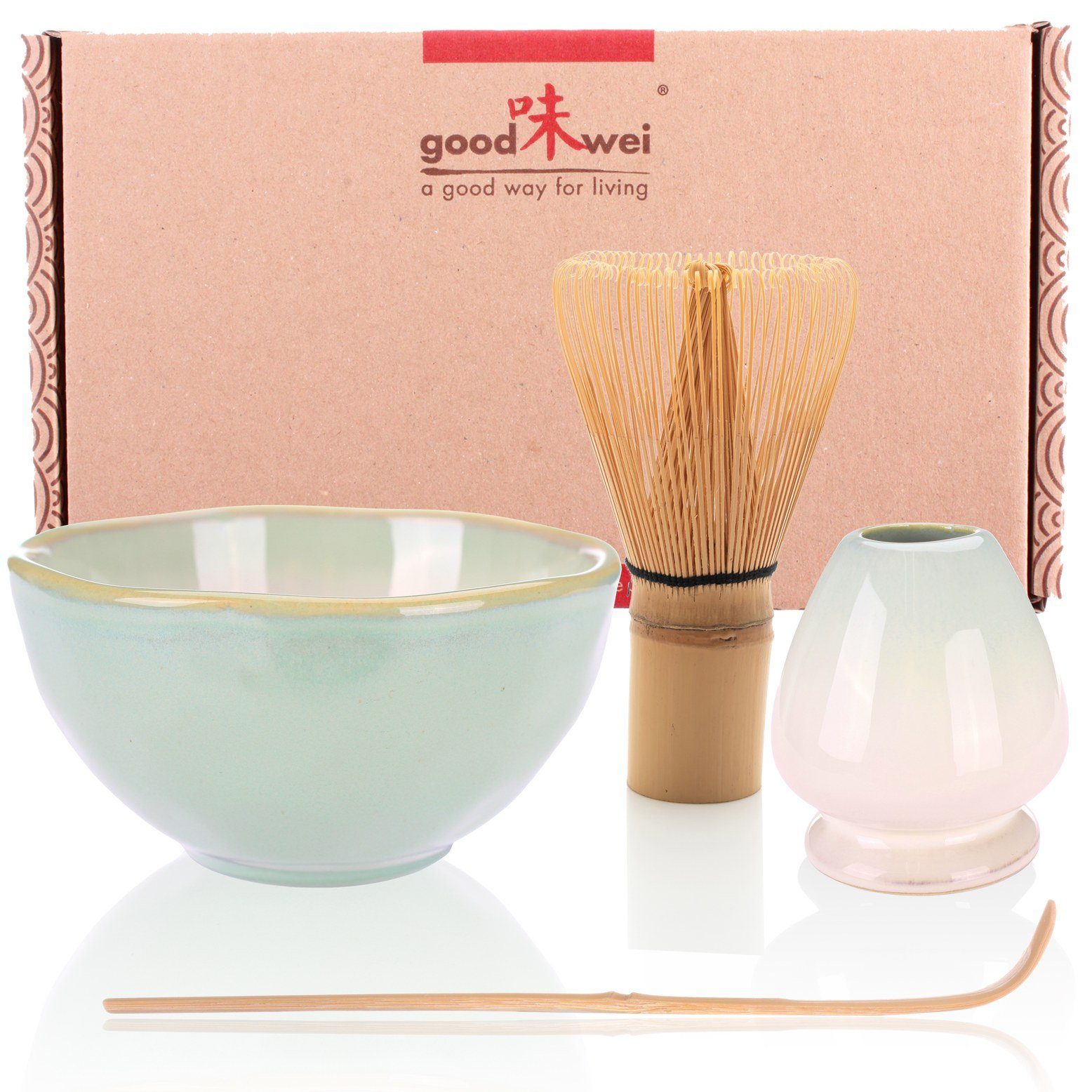 Goodwei Teeservice Matcha Teezeremonie Keramik (4-tlg), Halter und Besen mit "Hasnunomi" Set Teeschale