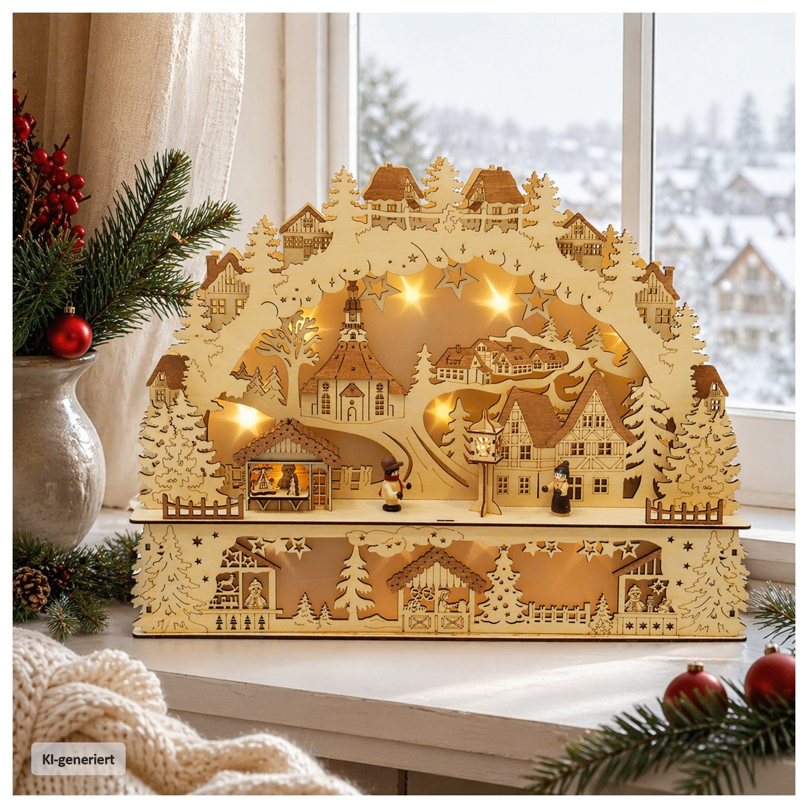 HTI-Living Schwibbogen LED Lichterbogen Weihnachtsdorf (1-tlg), Schwibbogen aus Holz, batteriebetrieben