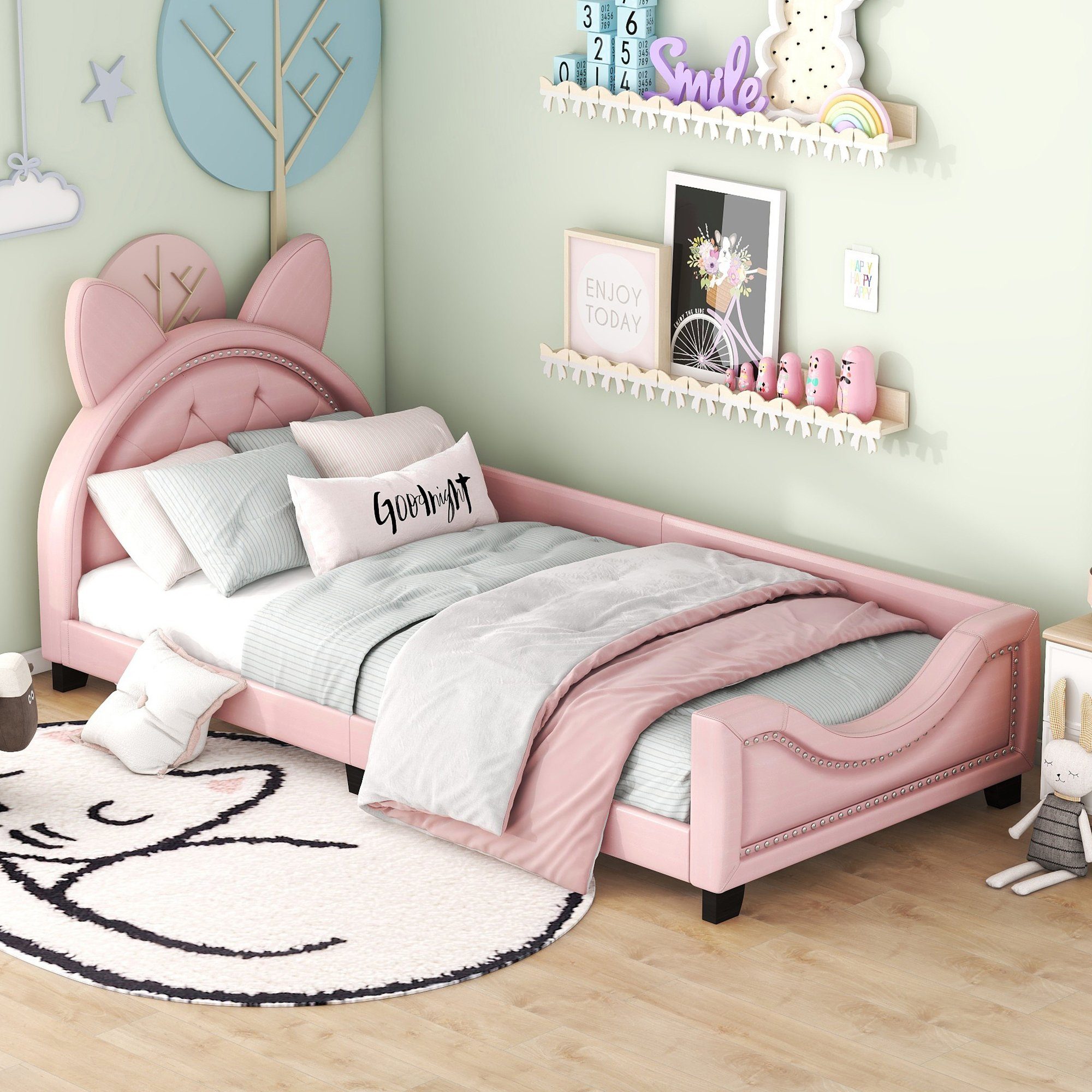 OKWISH Bett 90 x 200 cm Einzelbett, Kinderbett Gästebetten Polsterbett (Form von Karton-Ohren, mit Holz Lattenroste und Rückenlehne) rose