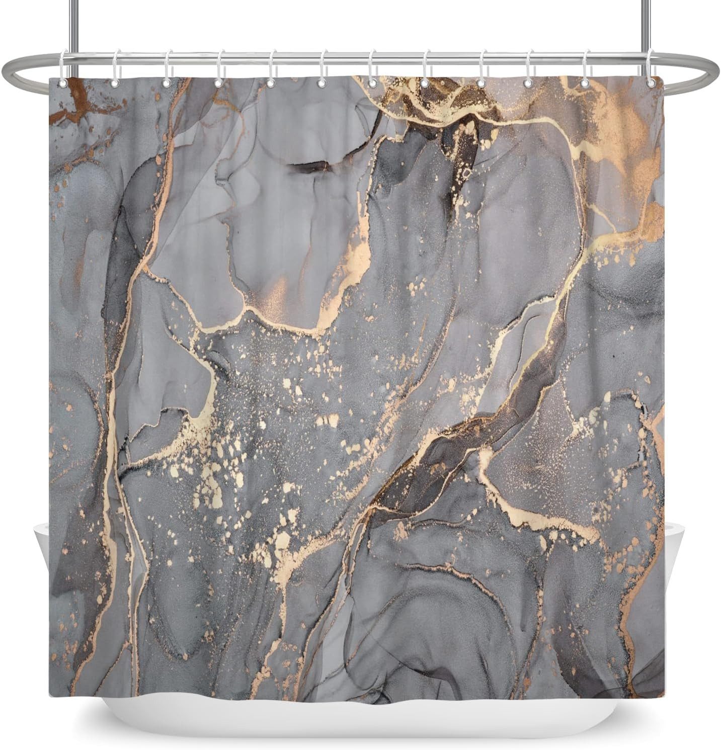 FOUORTUNATE-BEE Duschvorhang Grau Gold Marmor Optik Textur Duschvorhang 180x180cm Breite 180 cm (Modern Abstrakt Grau Gold Schwarz Marmor Optik Textur, Wasserdicht Waschbar Bad Duschvorhänge mit 12 Haken)
