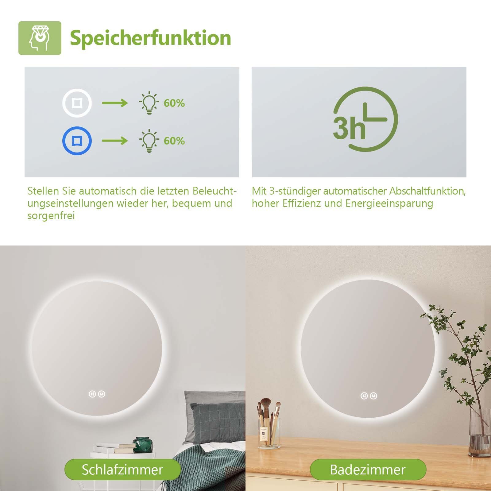 mit Helligkeit, Lichtfarbe Wandspiegel Dimmbar,Energiesparend Runder cm,Touch-Schalter,3000/4000/6500K Lichtfarbe+ Badspiegel 50 Einstellbare 3 S'AFIELINA