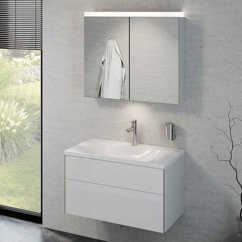 Keuco Badmöbel-Set Royal Reflex, (3 teilig, Badmöbel Set mit Waschbecken mit Unterschrank und LED Spiegelschrank), Badezimmerspiegelschrank mit Beleuchtung, weiß-hochglanz, 80 cm breit