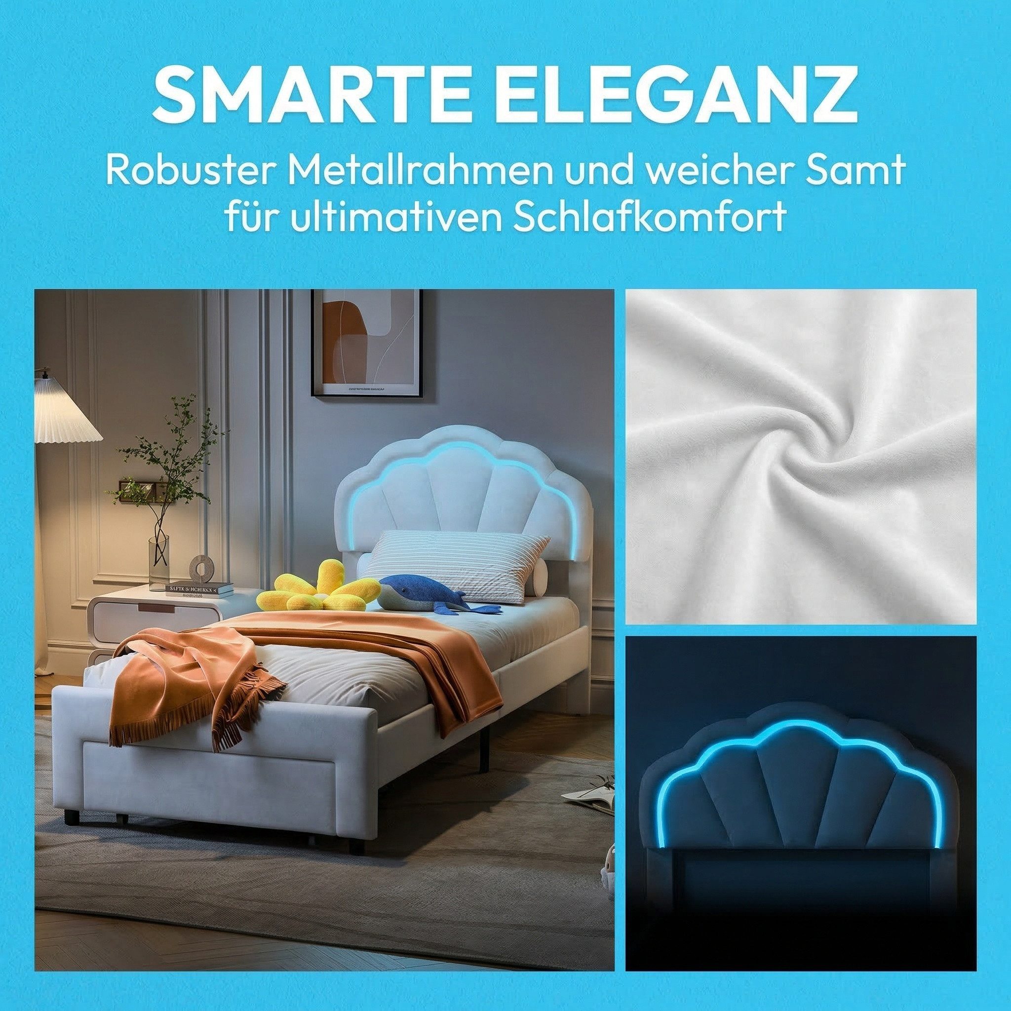 PXloue Polsterbett Kinderbett Jugendbett (Kopfteil hochstellbar), Einzelbett,Cloud-Kopfteil,mit LED-Beleuchtung und Lattenrost,90x200cm – Bild 3 von 5