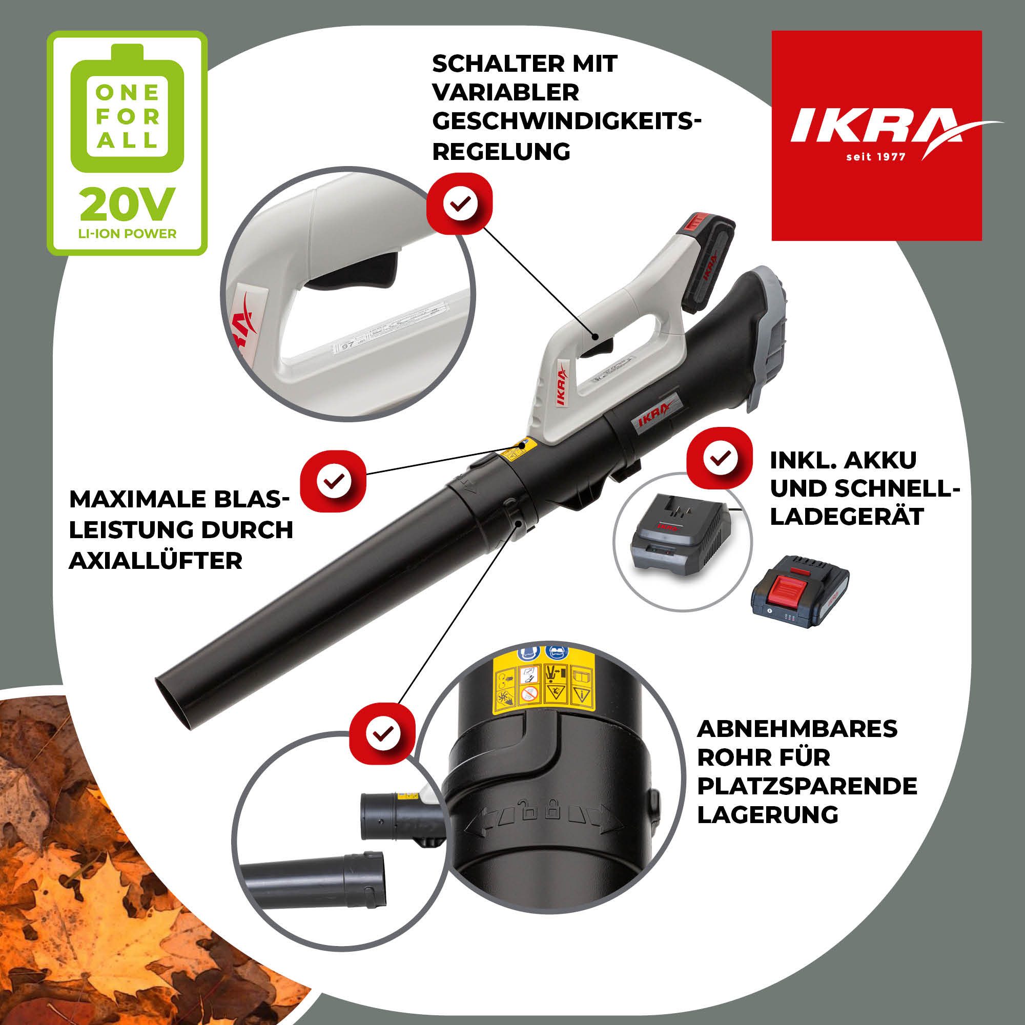 ikra GmbH Akku-Laubbläser ICB 20, (inkl. 2 x 20V Akku (2,0 Ah & 2,5 Ah) & Schnelllader), Axial-Gebläse, bis zu 150 km/h, besonders leicht (1,8kg)