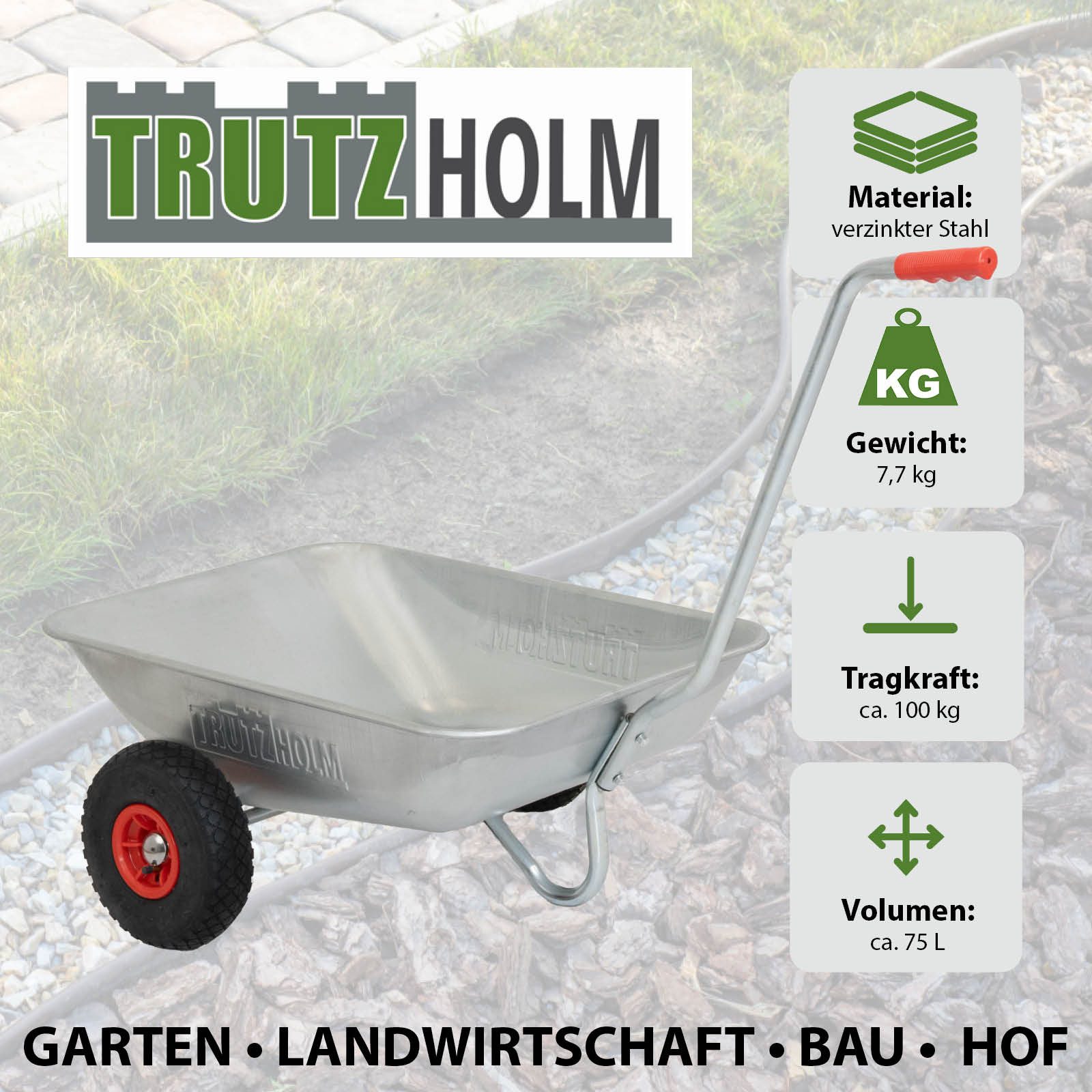 TRUTZHOLM Schubkarre Friedhofskarre 100 kg 75 L Luftreifen Gartenkarre Einhandkarre, (1-tlg), Einhandkarre für Garten