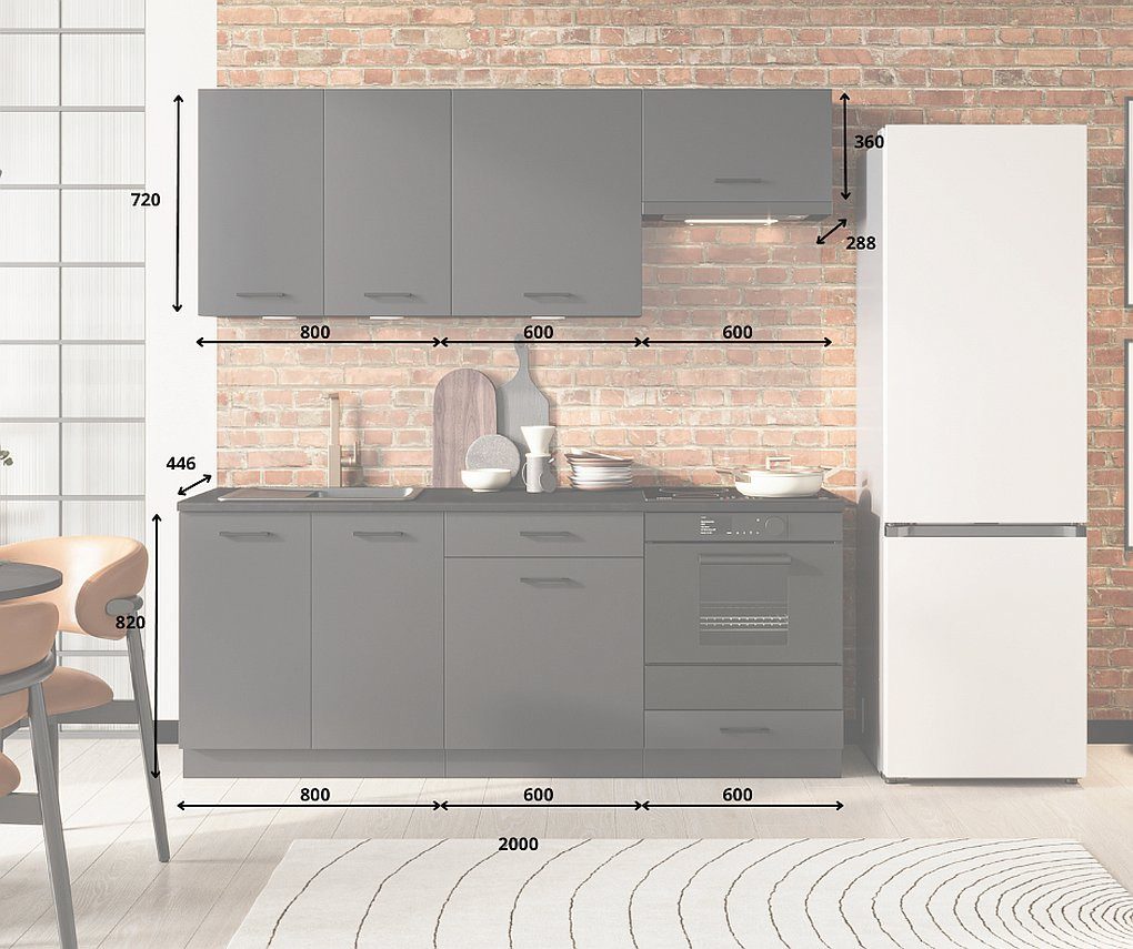 Möbel für Dich Küchenzeile Moderne Einbauküche ANIKA 200 cm, 6-teilig