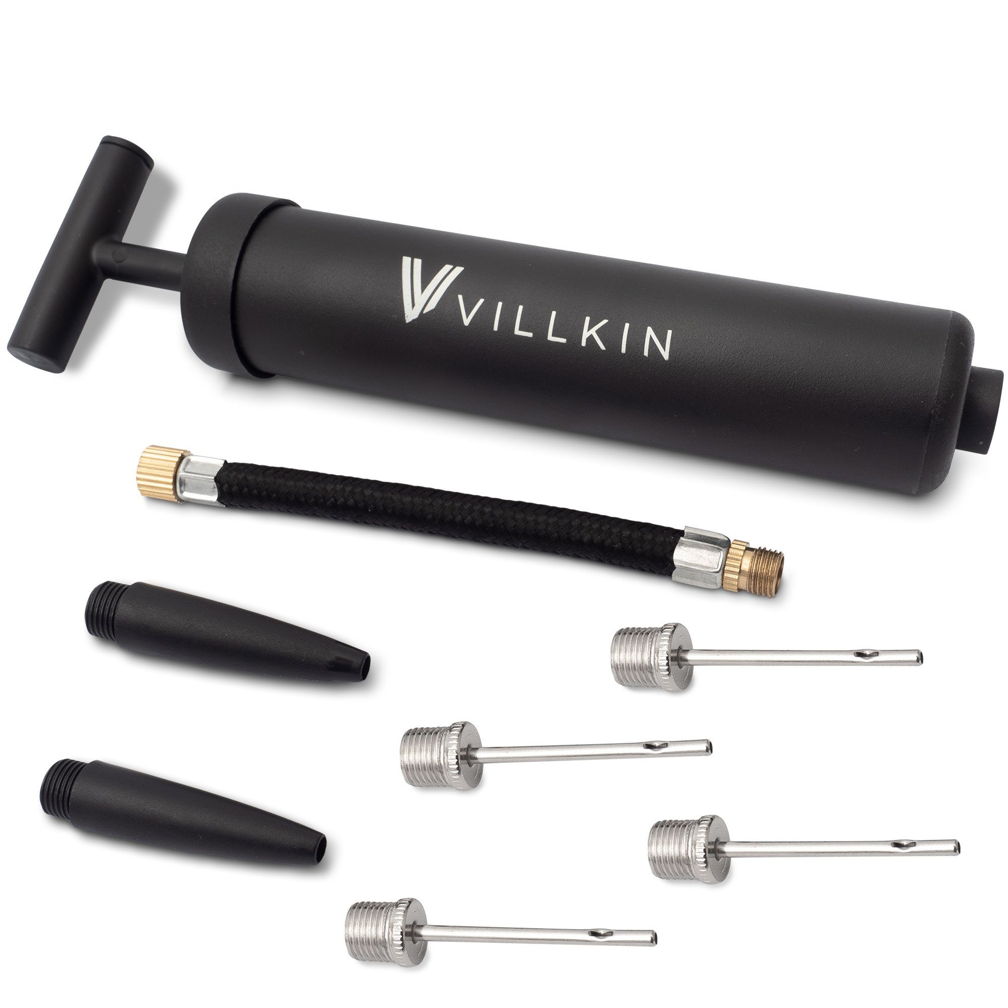 Villkin Luftpumpe - Ballpumpe, Handpumpe, Sportpumpe, Kompaktpumpe, Taschenpumpe (20cm) (1-tlg., Pumpe mit 4x Metallnadeln, 2x Kunsstoffnadeln und flexiblem Schlauch), kompakt