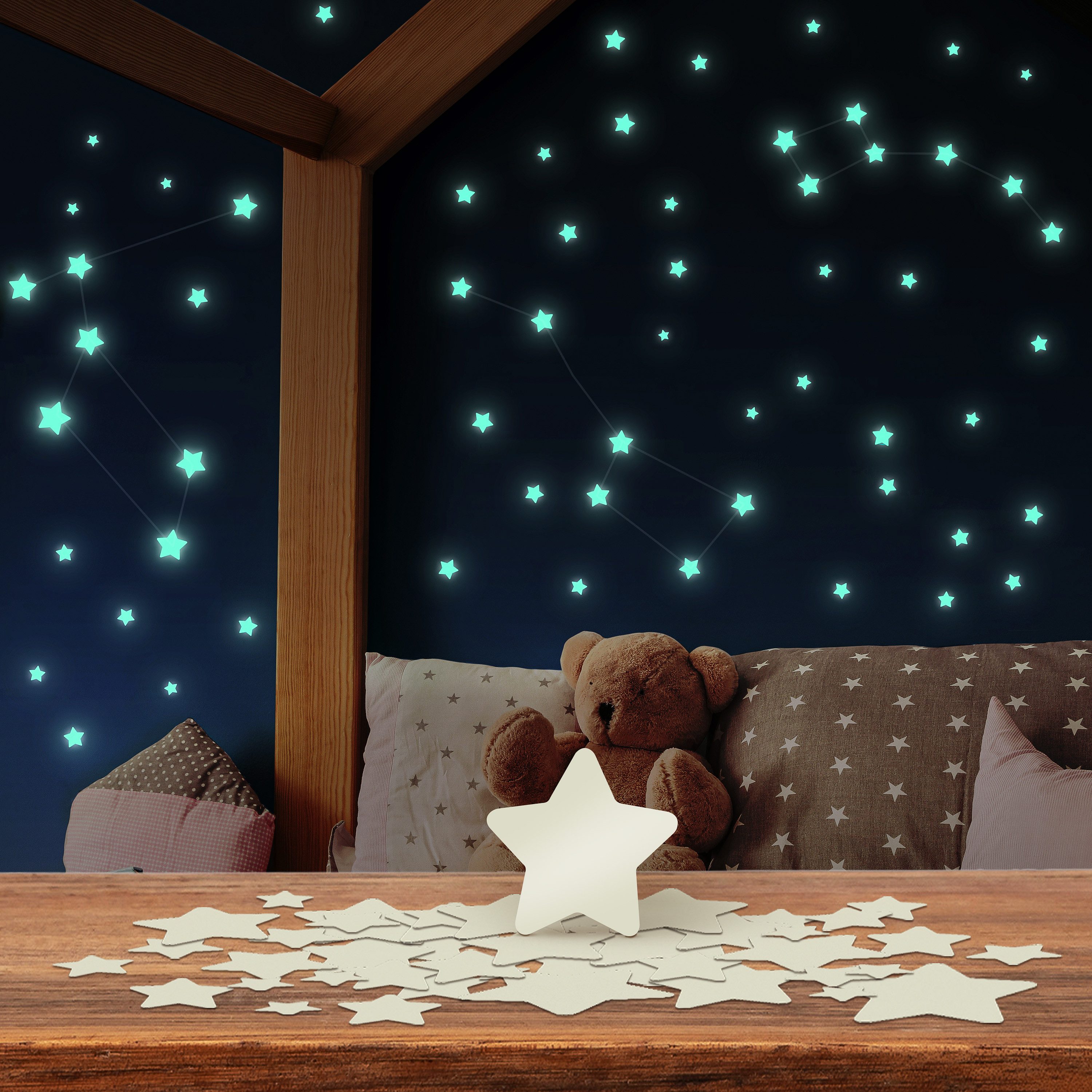 lilimaus Wandsticker Leuchtsterne selbstklebend - Sternenhimmel fürs Kinderzimmer (100 St), laden tagsüber Licht & leuchten nachts sanft - ohne Strom