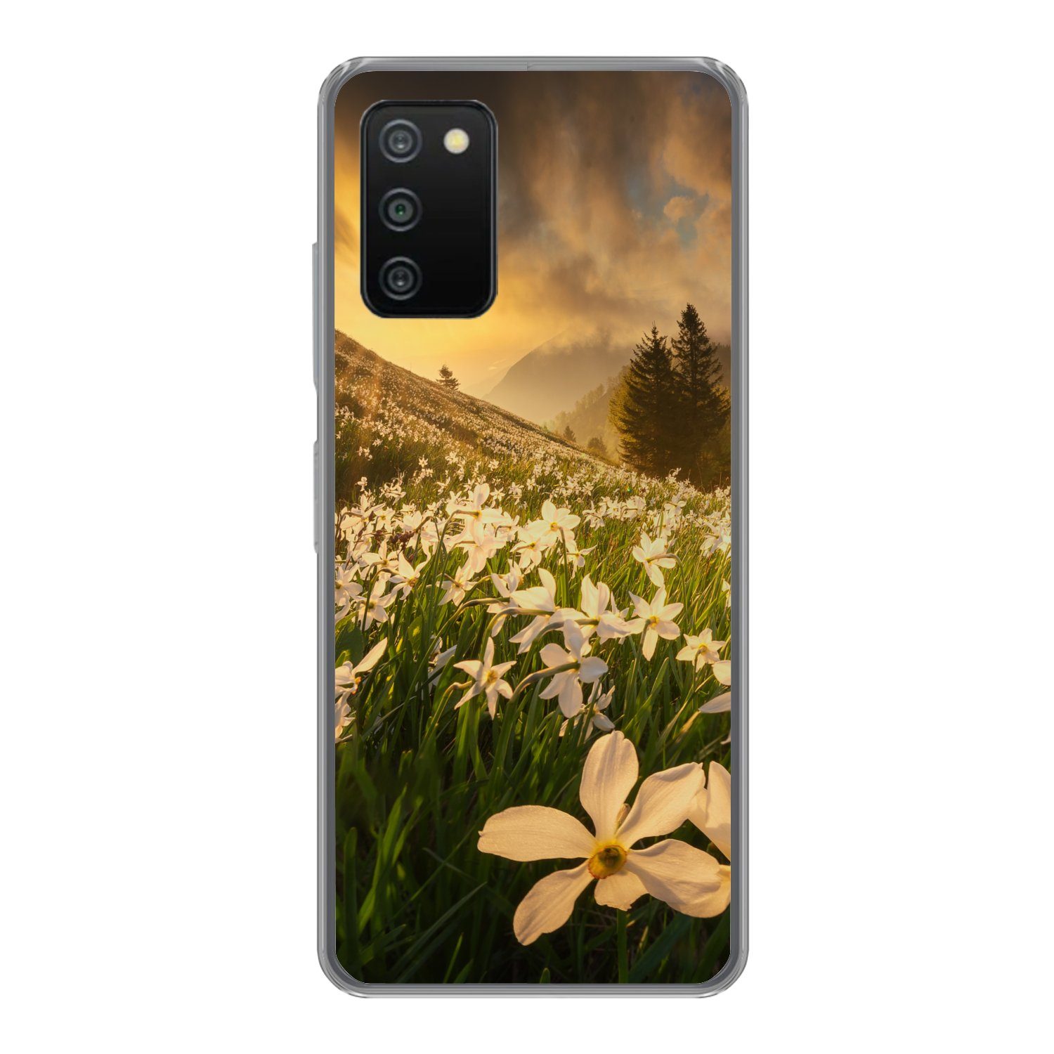 MuchoWow Handyhülle für Samsung Galaxy A03s Blumenfeld - Hügel - Sonnenuntergang - Berg -, Smartphone-Bumper, Print, Handy Schutzhülle Dünn