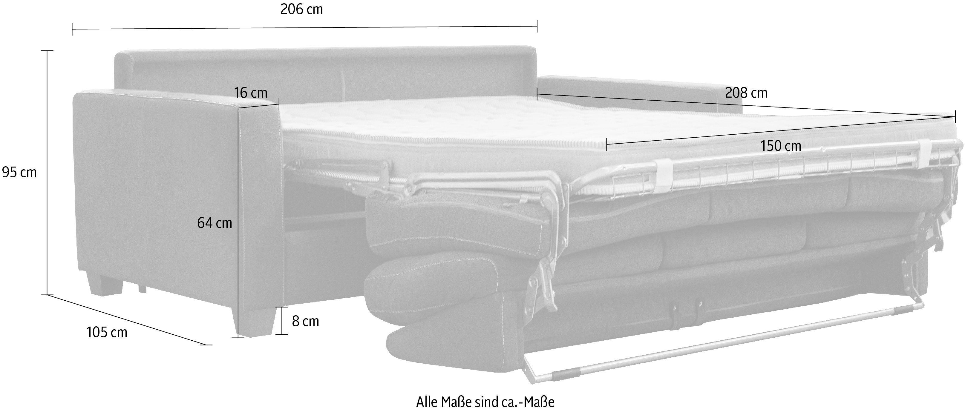 Matratze cm Metallgestell, und braun Schlafsofa Nias Italia Liegefläche Prato, klappbaren inkl. 150/208