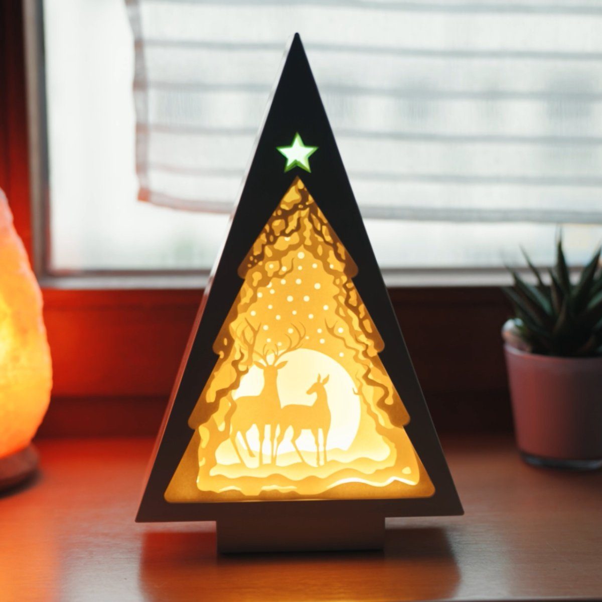 CiM LED Lichtbox 3D Papercut fest Dekoration integriert, Deer Warmweiß, 17x6x26cm, TREE LED Shadowbox, Couple, Wohnaccessoire, Nachtlicht, kabellose 