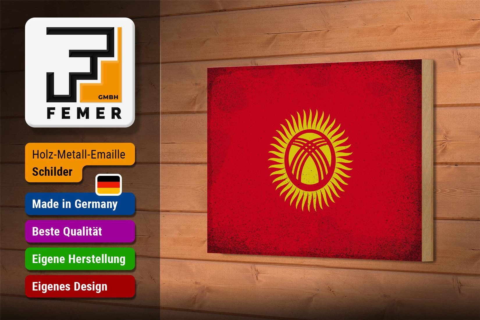 Femer GmbH Holzbild Flagge Kirgisistan 18x12 cm Kyrgyzstan Vintage, Flaggen (1 St), Glatte Holzfaserplatte (MDF), vorn beschichtet