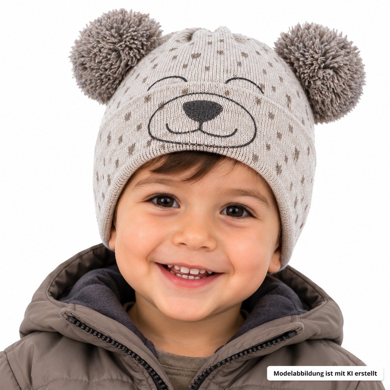 AJS Strickmütze Wintermütze Bommelmütze Kindermütze Aufgesticktes Bärengesicht