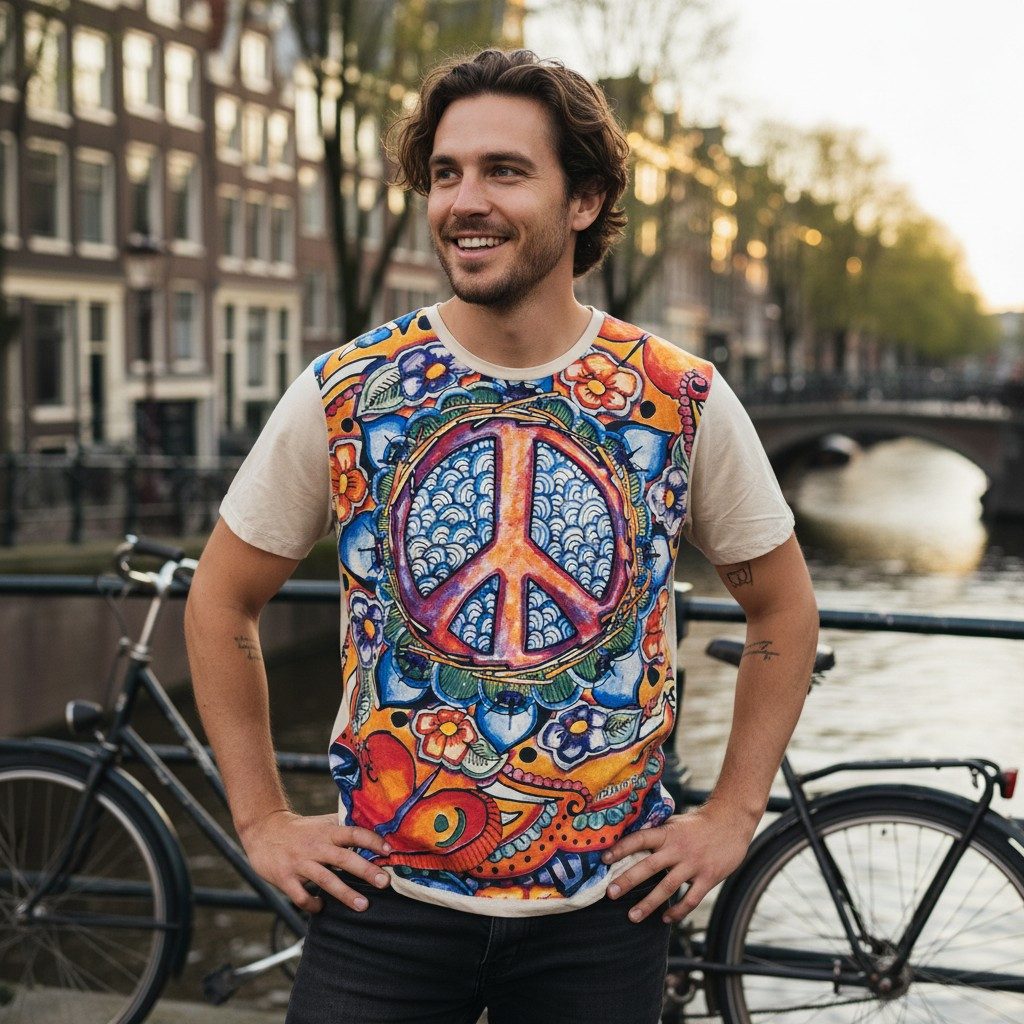 Guru-Shop T-Shirt Mirror T-Shirt - Peace beige Goa Style, Festival, alterna günstig online kaufen