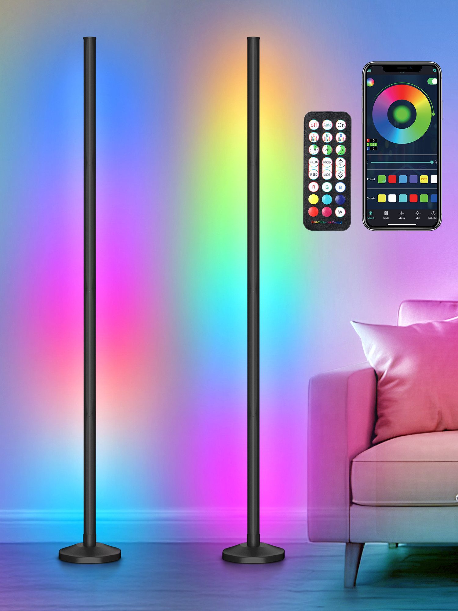 OUTON LED Stehlampe RGBCW Eckstehleuchte 168LEDs Musik-Sync App, Fernbedienung Timer 145cm