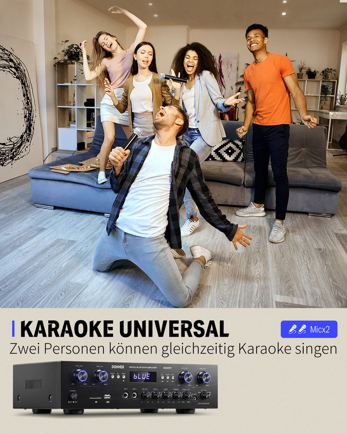 Donner Audioverstärker 2/4/6 Kanal Audio-Leistungsverstärker Stereoempfänger Verstärker (Anzahl Kanäle: 4, 440,00 W, 4 Kanäle, 2 Mikrofoneingänge, Bass, Höhen)