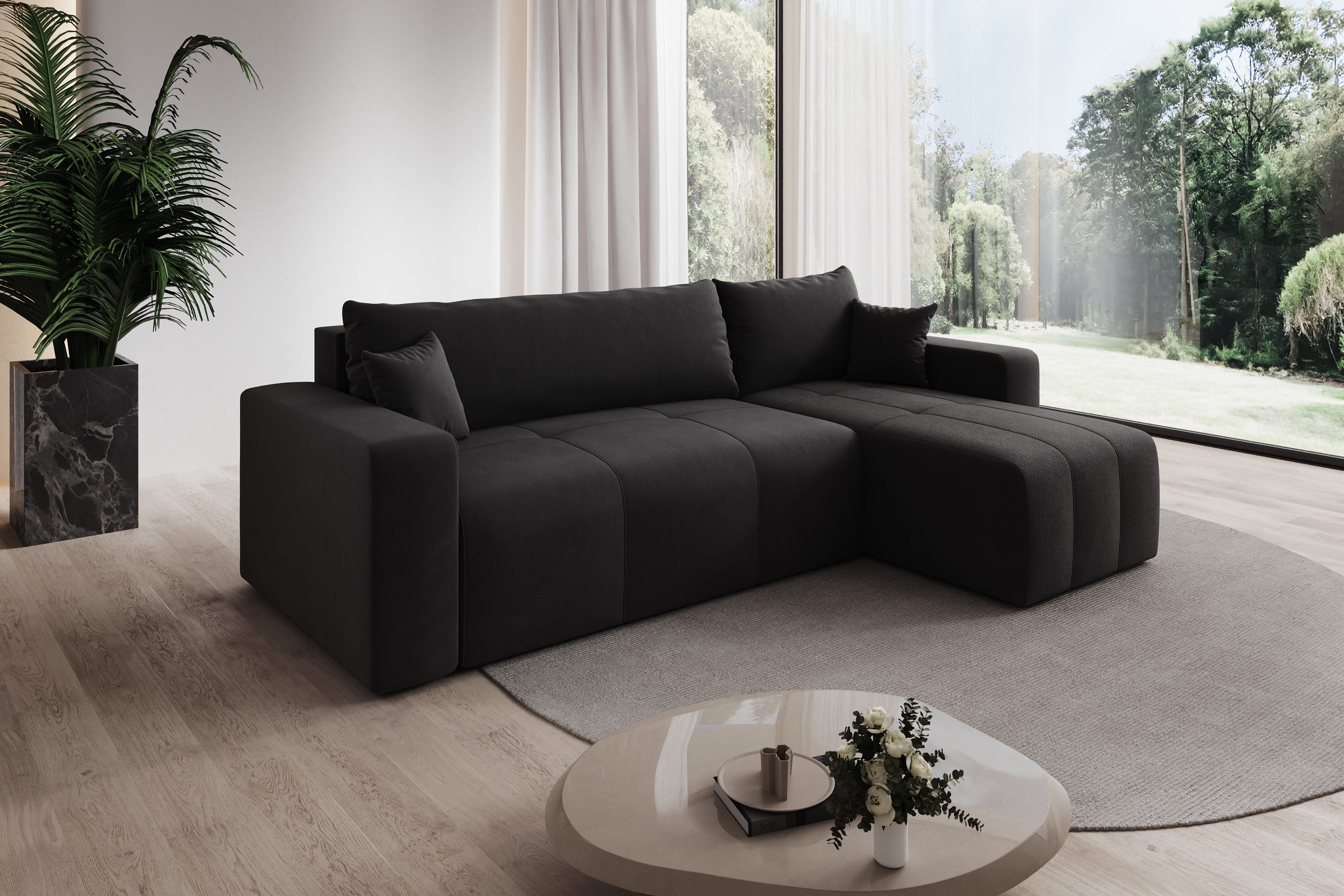 thematys Ecksofa mit Schlaffunktion und Bettkasten, L-Form, Velours + 2 Kissen, 244 x 145cm - Luxus Couch mit Bettfunktion mit Bonnellfedern