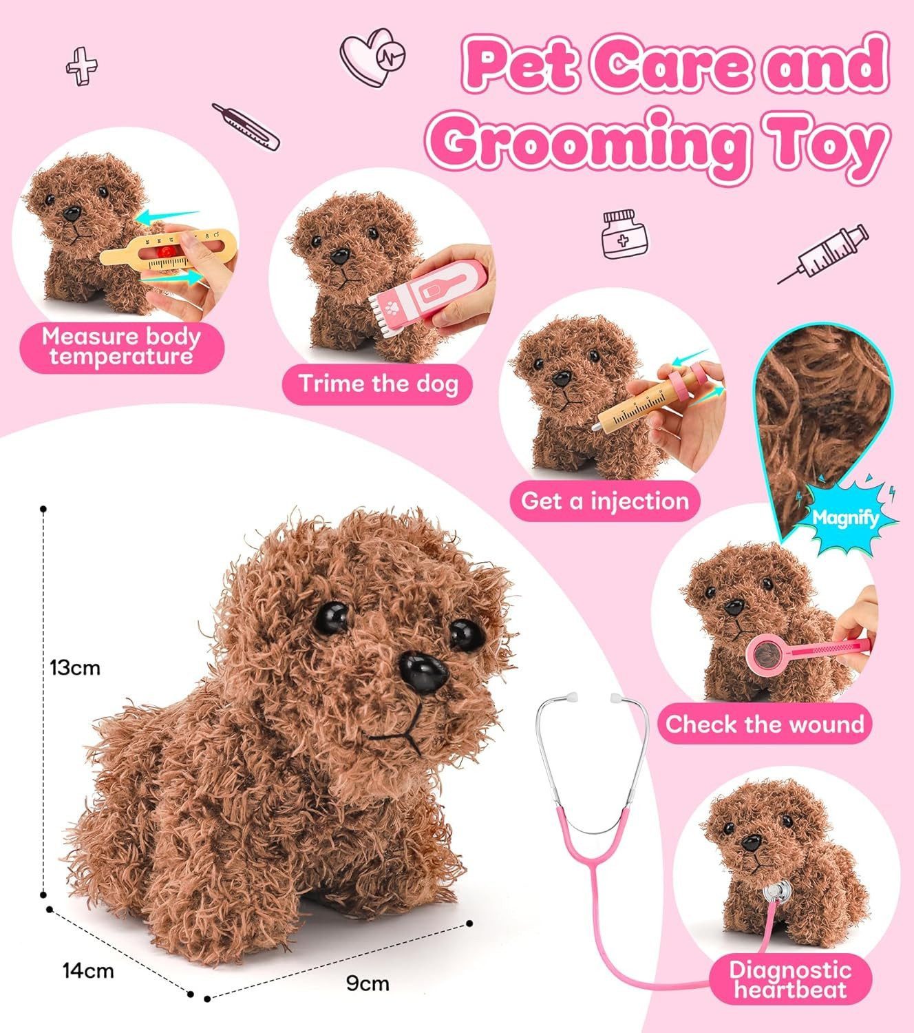 POPOLIC Spielzeug-Arztkoffer Arztkoffer Kinder Holz, Tierarzt Spielzeug Kinder Mit Plüschhund, (Kinder Tierarzt Spielset Arzt Kostüm, 1-tlg., Hohe Simulation Stethoskop Rollenspiel), Geburtstag Geschenke für Mädchen Jungen 3 4 5 6 Jahre