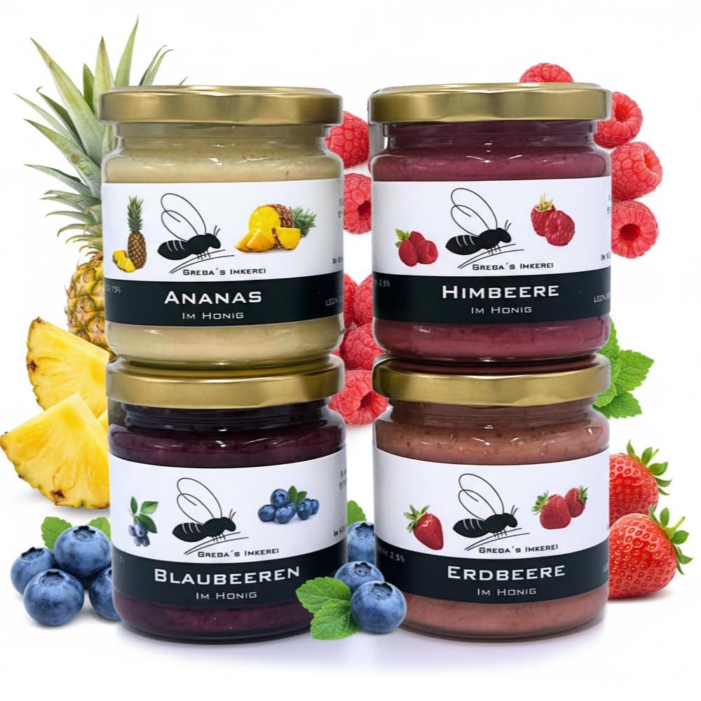 Grega´s Imkerei Honig 4er Fruchtbox - Früchte im Honig - Honigsüßer Brotaufstrich, 4 x 250 g, (Set, ideales Probier- & Geschenkset), 4x 250g (Erdbeere, Blaubeere, Ananas & Himbeere)