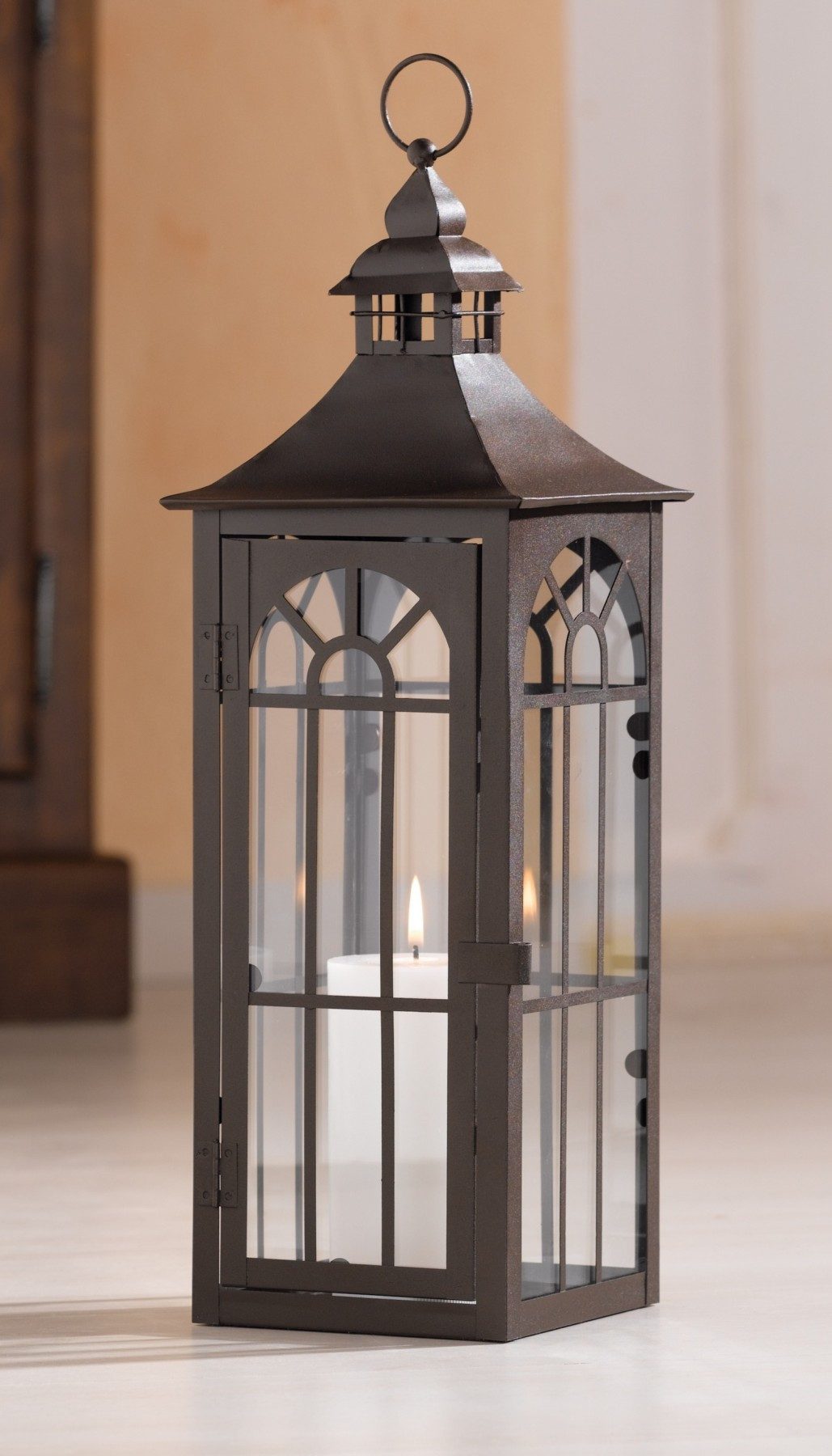 Dekoleidenschaft Kerzenlaterne aus Metall & Glas, große Laterne 45cm hoch, Gartenlaterne Kerzenhalter, braun, Metalllaterne, Hängelaterne, Windlicht, Gartendeko für Draußen