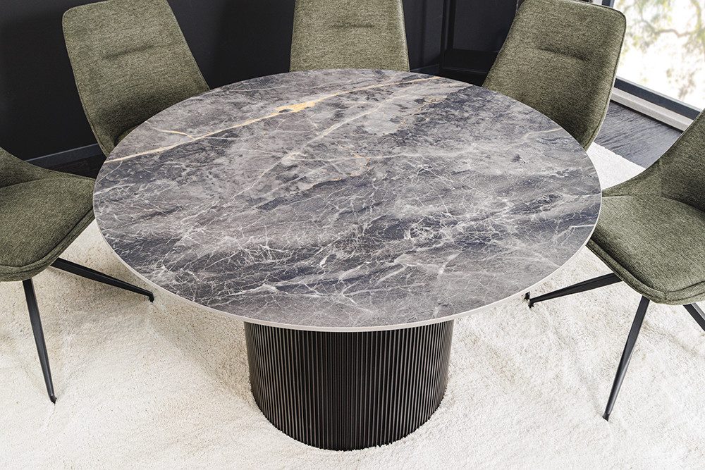 riess-ambiente Esstisch UNIQUE Ø120cm schwarz Keramik – rund, moderner Säulenfuß (Einzelartikel, 1-St), pflegeleichte Tischplatte, Naturstein-Optik, Esstisch für 4 Personen