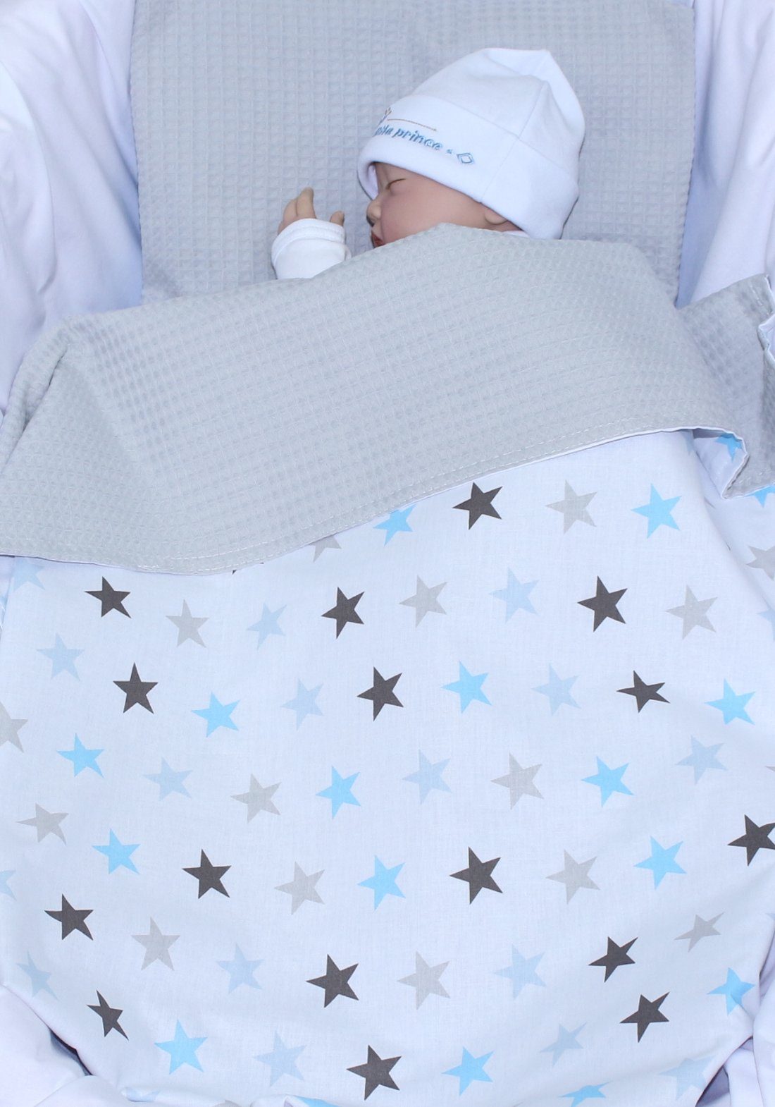 Babydecke Babydecke Waffelpiqué Baumwolle Kuscheldecke Kinderwagendecke, Primawela Star-Blau + Grau