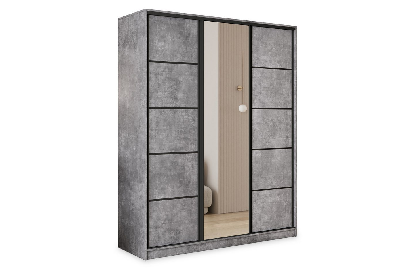 Masseno Schwebetürenschrank PINA 150 cm Kleiderschrank mit Spiegel 3 Türen und 4 Schubladen Beton