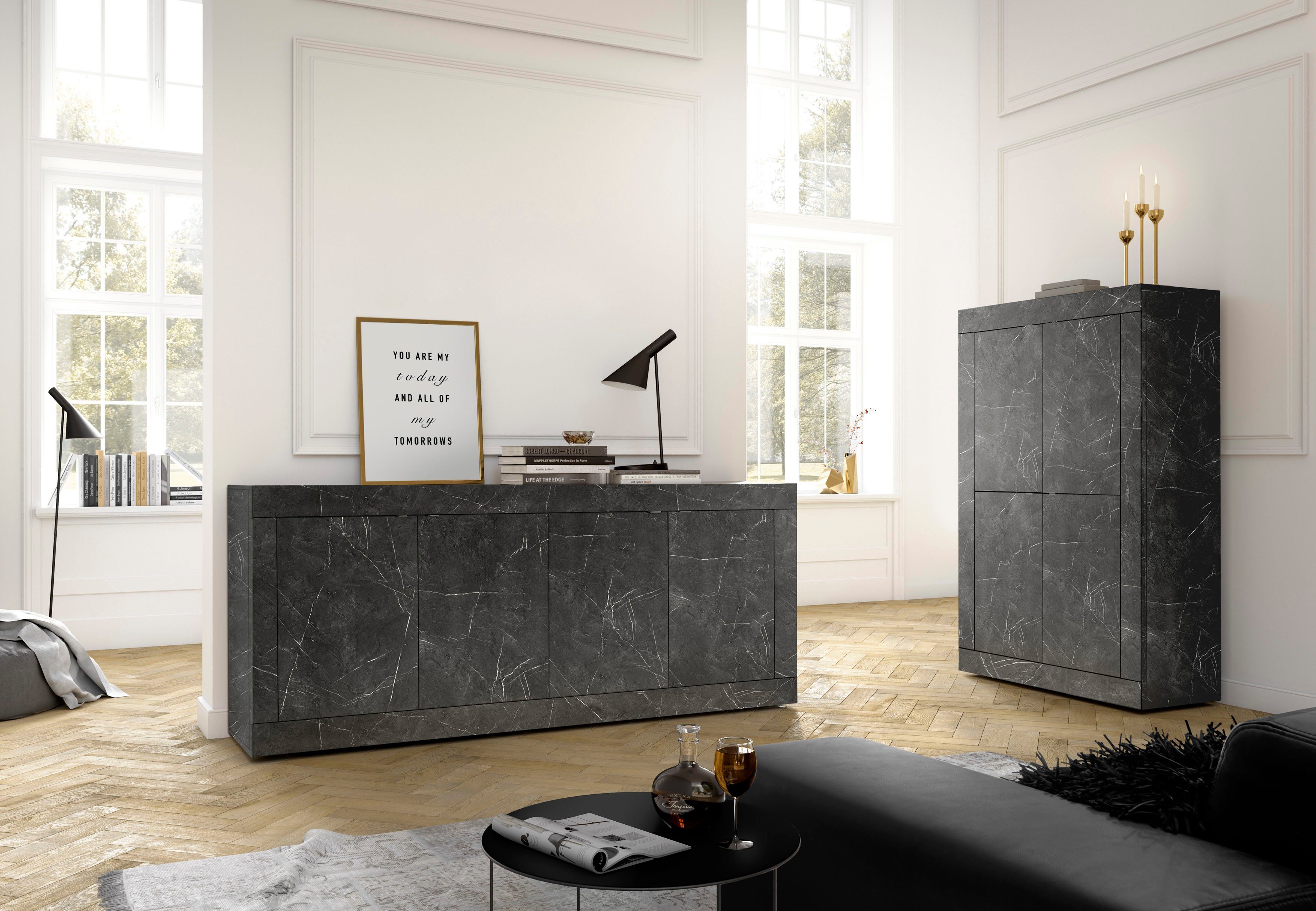 Home affaire Sideboard Basic Breite 207 cm, Kommode 4 Türen, Anrichte, Metallgriff, moderne Rahmenoptik, viel Stauraum, Farbauswahl