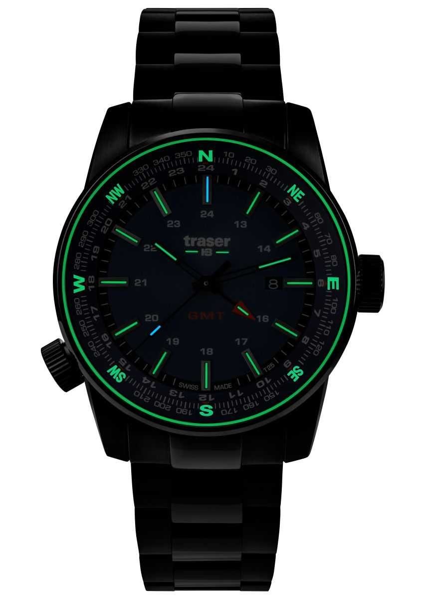 Traser Quarzuhr P68 Pathfinder GMT Grün Herrenuhr 109525 Edelstahlband 46 mm, mit trigalight® Selbstleucht-Technologie