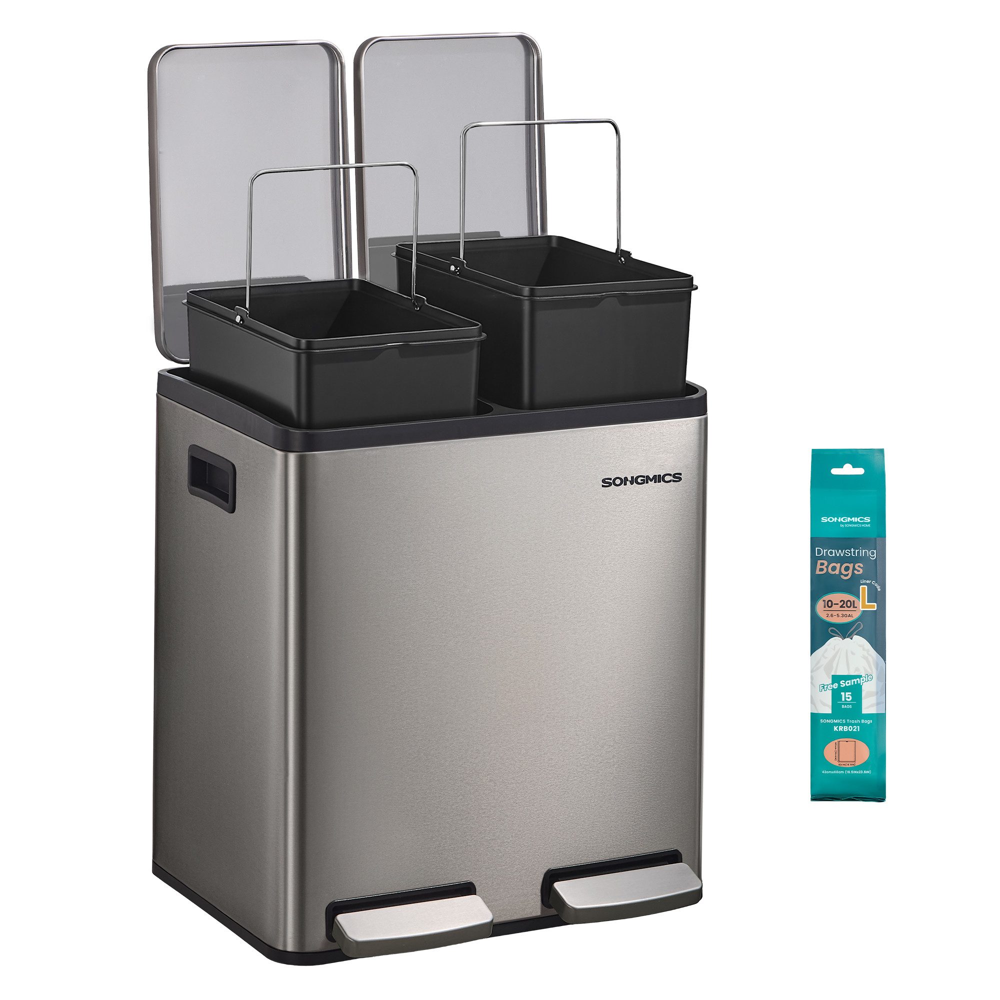 SONGMICS Mülleimer Abfalleimer 2 oder3 Fächer, Mülleimer 30L 54L 60L, Tretmülleimer Softclose-Deckel, herausnehmbare Inneneimer